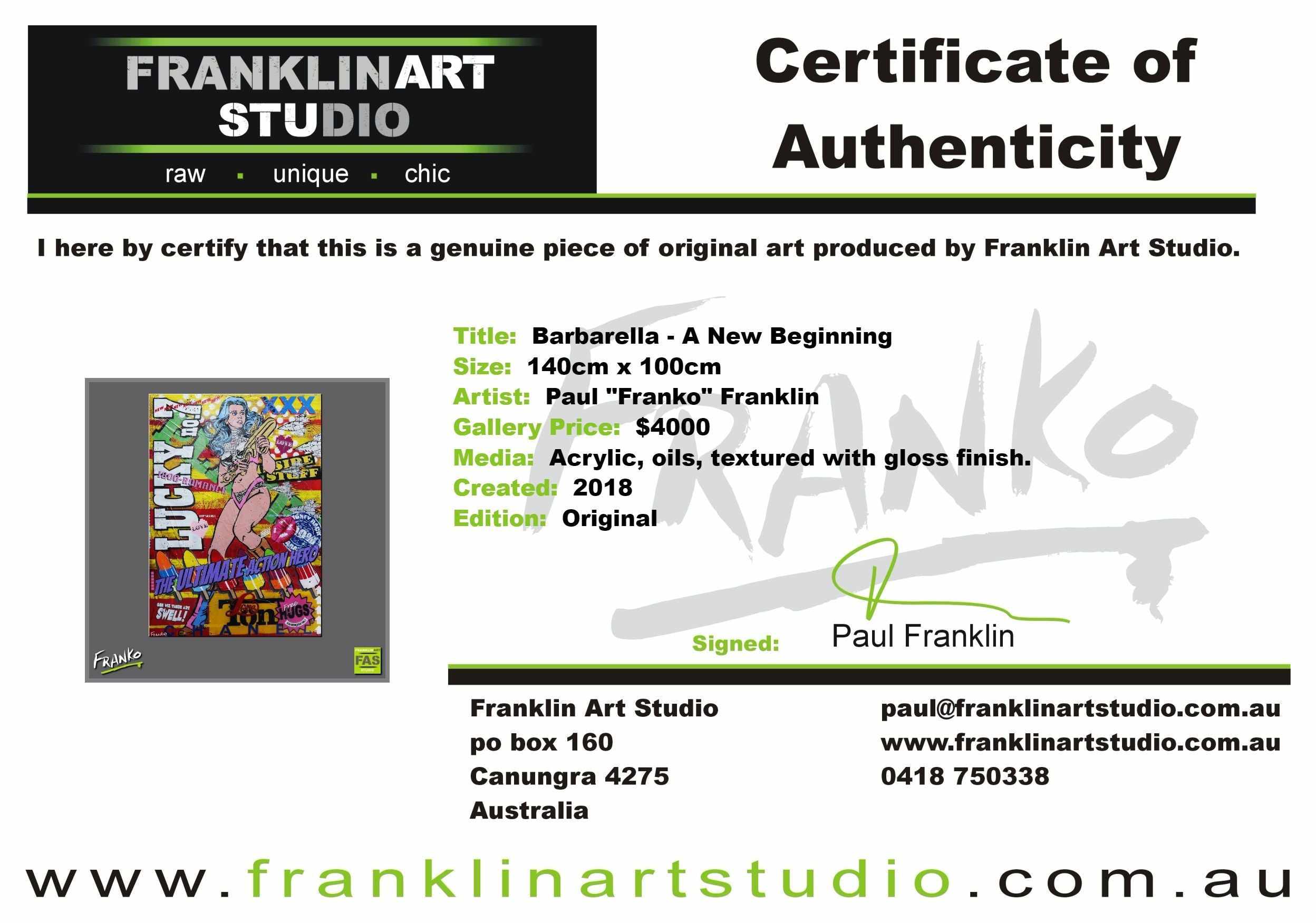 Barbarella - A New Beginning 140cm x 100cm Barbarella Pop Art Painting (SOLD)-urban pop-[Franko_Artist]-[The_Block]-[Dream_Homes]-[ideas]- [Grand_Designs]-Franklin Art Studio