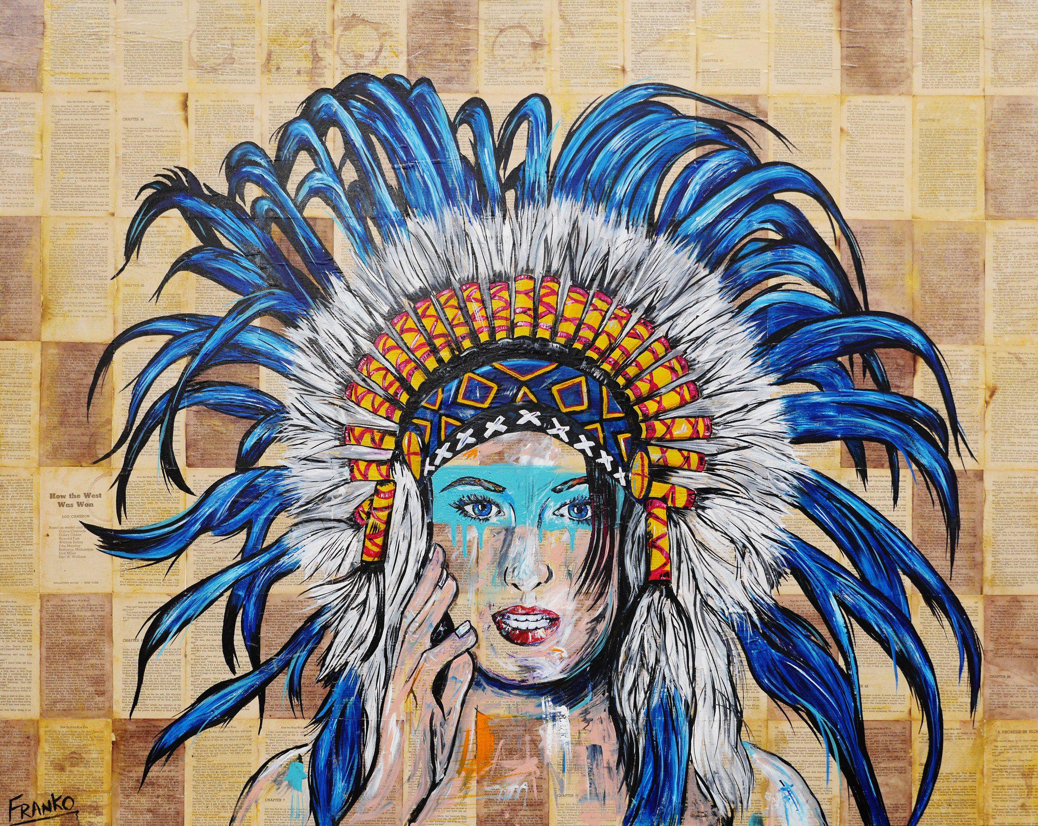 Be Inspired! Book Club Indian Chief Teal (SOLD)-book club-[Franko_Artist]-[Australian_artist]-[Gold_Coast]-[Brisbane]-[modern]-[contemporary]-[original]-[Large_artwork]-Franklin Art Studio