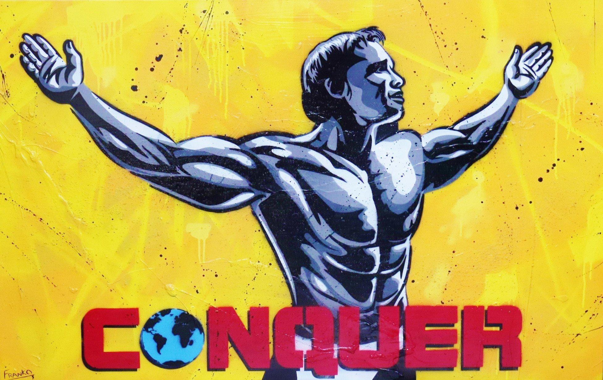 Be Inspired! Urban Pop Arnold Schwarzenegger Conquer (SOLD)-urban pop-[Franko_Artist]-[Australian_artist]-[Gold_Coast]-[Brisbane]-[modern]-[contemporary]-[original]-[Large_artwork]-Franklin Art Studio
