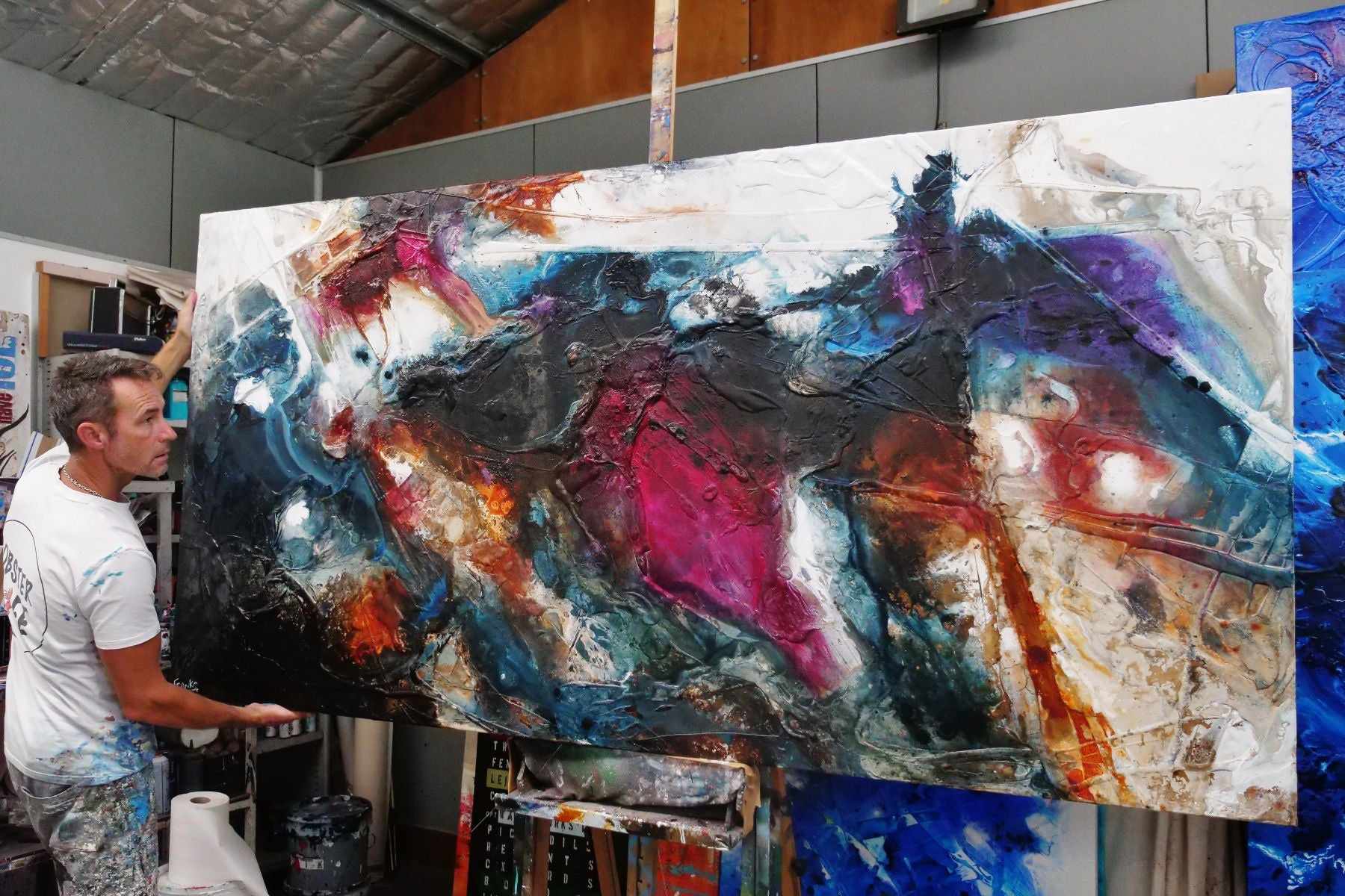 Beautiful Disaster 240cm x 120cm Black Navy Violet Textured Abstract Painting (SOLD)-Abstract-[Franko_Artist]-[The_Block]-[Dream_Homes]-[ideas]-[Grand_Designs]-[Art_Lover]-Franklin Art Studio