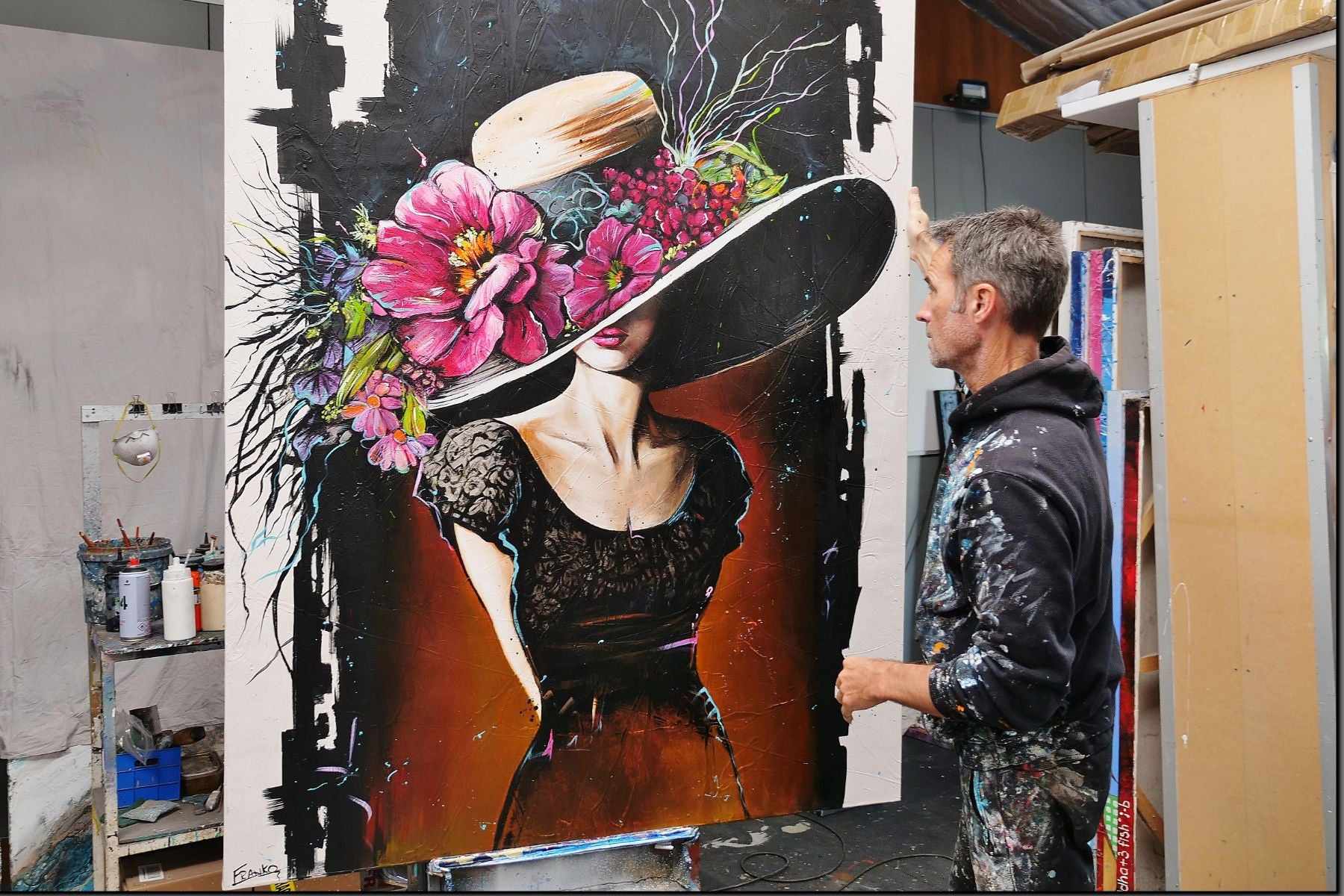 Bella 140cm x 180cm Flower Hat Abstract Elegance Textured Painting (SOLD)-people-[Franko]-[Australian]-[Popular]-[Best Selling]-Franklin Art Studio