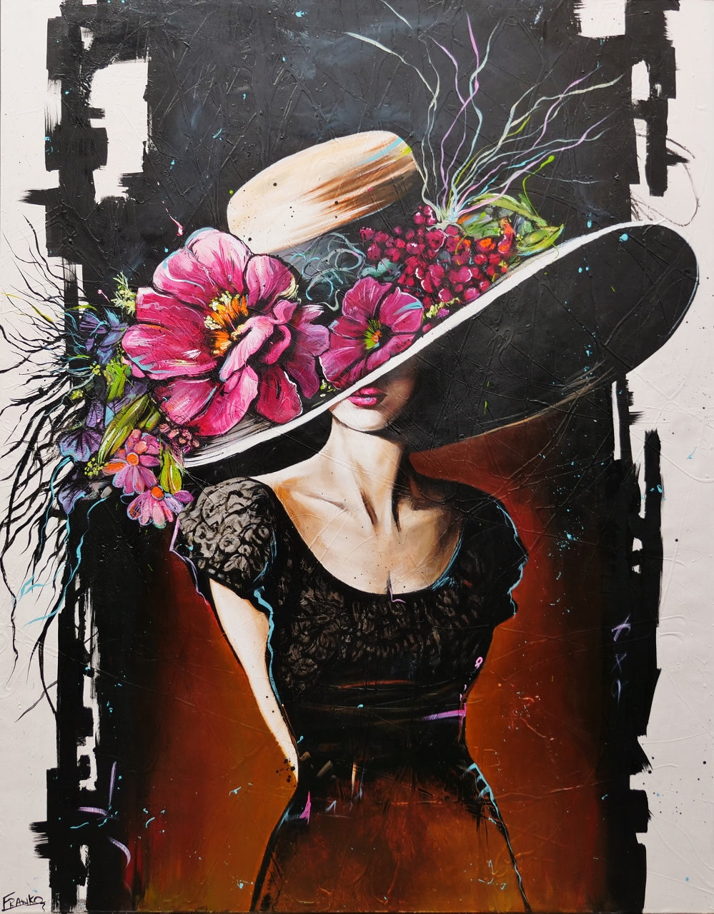 Bella 140cm x 180cm Flower Hat Abstract Elegance Textured Painting (SOLD)-people-[Franko_Artist]-[Australian_artist]-[Gold_Coast]-[Brisbane]-[modern]-[contemporary]-[original]-[Large_artwork]-Franklin Art Studio