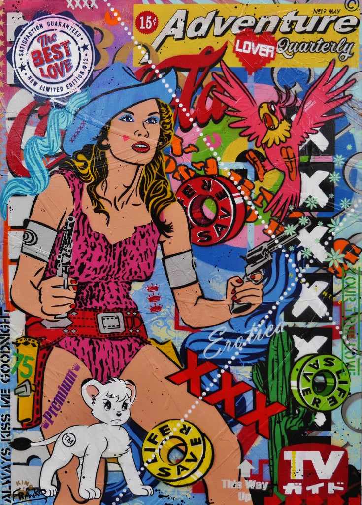 Best Loved Cowgirl 140cm x 100cm Jayne Mansfield Textured Urban Pop Art Painting-urban pop-[Franko_Artist]-[Australian_artist]-[Gold_Coast]-[Brisbane]-[modern]-[contemporary]-[original]-[Large_artwork]-Franklin Art Studio