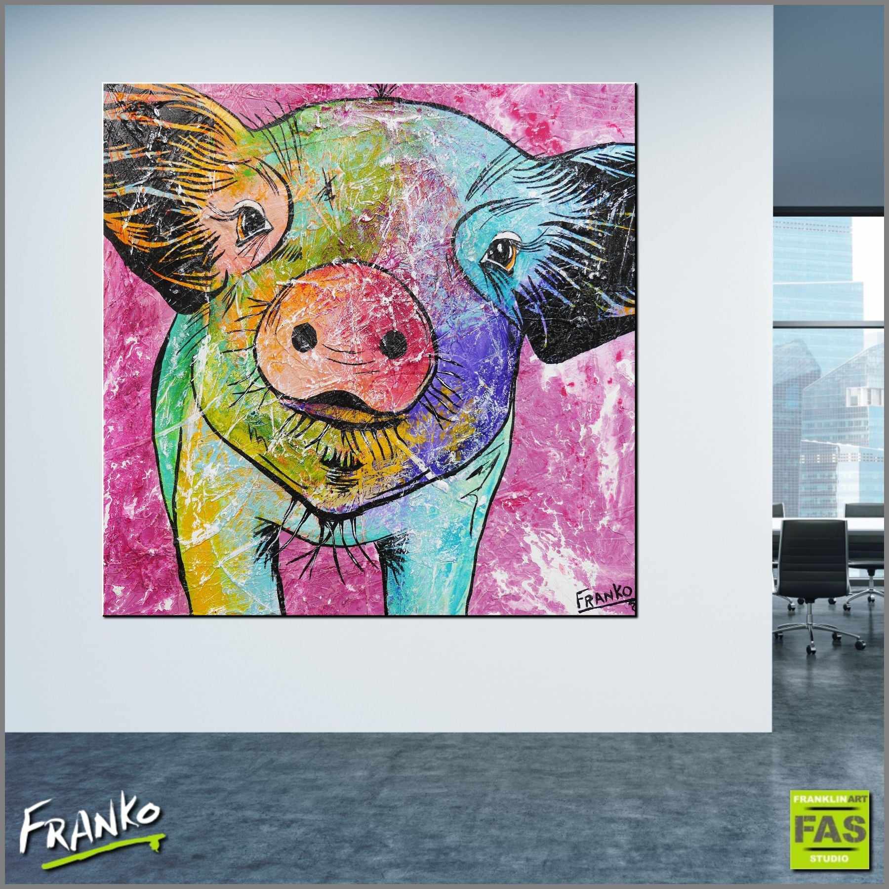 Bevan (First Little Piggie) 100cm x 100cm Pig Painting (SOLD)-urban pop-[Franko_Artist]-[Australian_artist]-[Gold_Coast]-[Brisbane]-[modern]-[contemporary]-[original]-[Large_artwork]-[The_Block]-[Dream_Homes]-[ideas]-[Grand_Designs]-[Art_Lover]-Franklin Art Studio