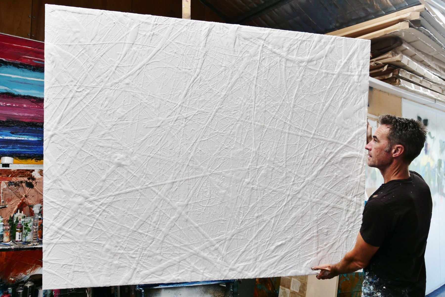 Big White Lines 140cm x 180cm White Textured Abstract Painting (SOLD)-Abstract-[Franko_Artist]-[The_Block]-[Dream_Homes]-[ideas]-[Grand_Designs]-[Art_Lover]-Franklin Art Studio