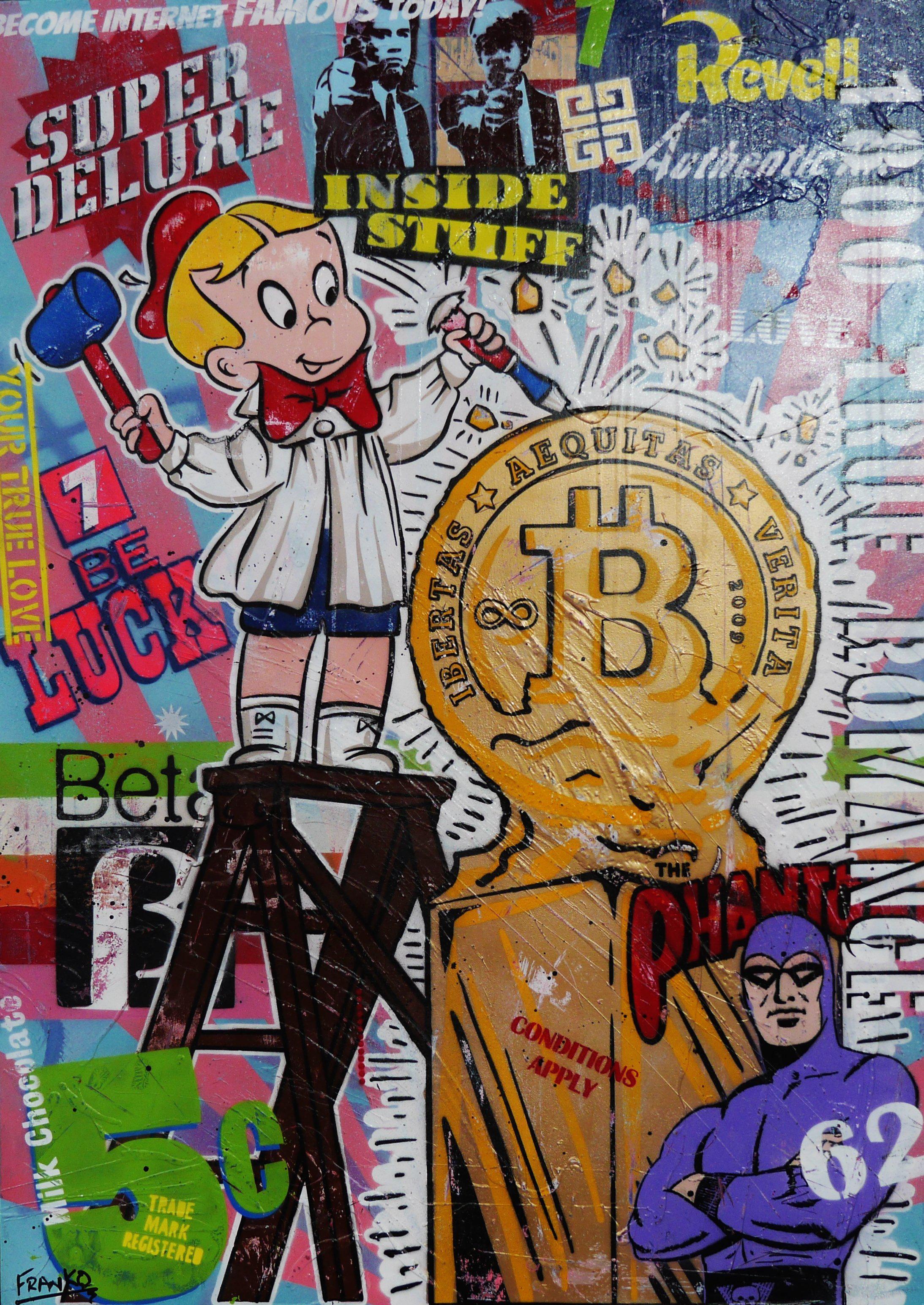 Bit By Bit 140cm x 100cm Richie Rich Bitcoin (SOLD)-bitcoin themed-[Franko_Artist]-[Australian_artist]-[Gold_Coast]-[Brisbane]-[modern]-[contemporary]-[original]-[Large_artwork]-Franklin Art Studio