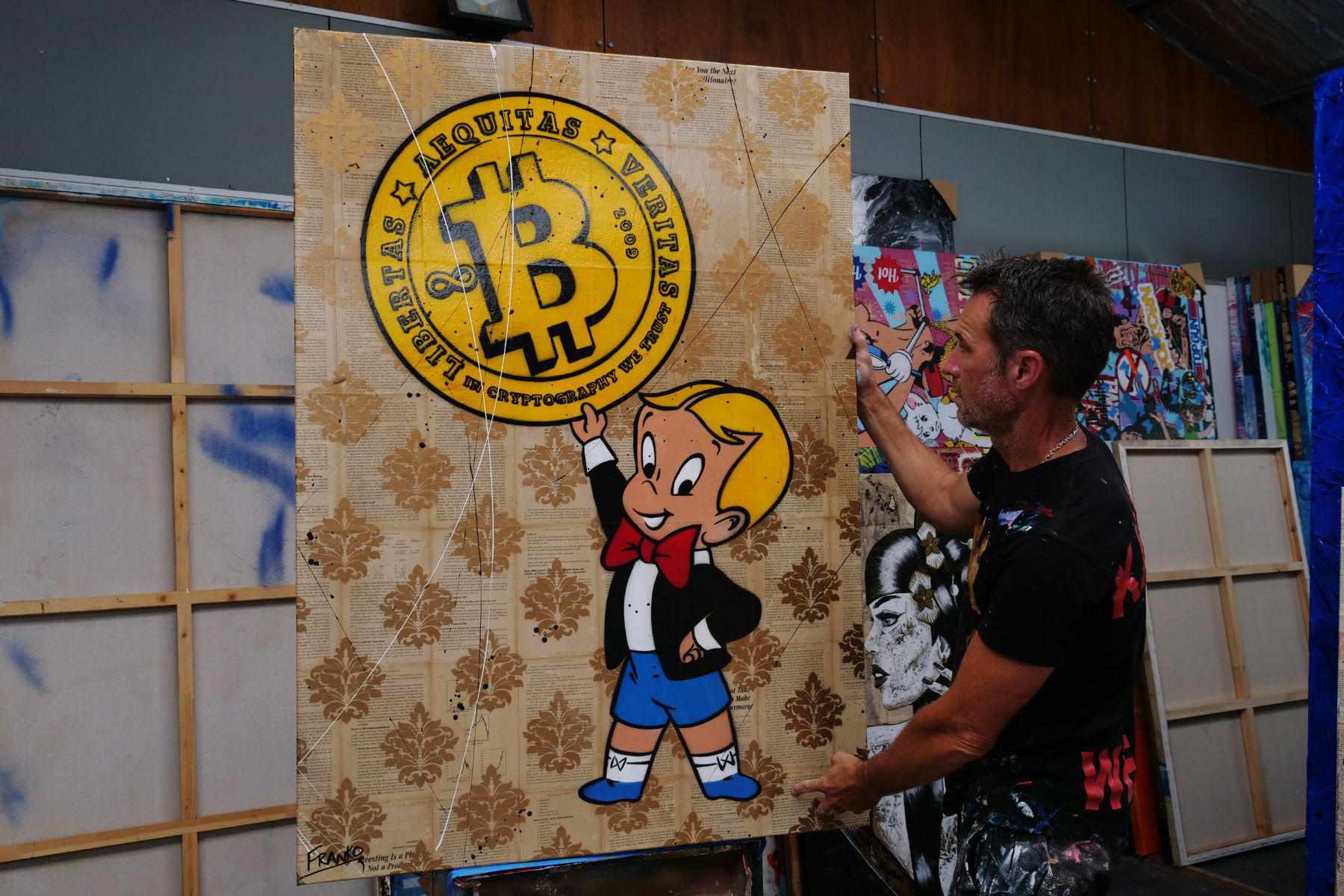 Bitcoin Futures 140cm x 100cm Richie Rich Bitcoin Urban Pop Book Club Painting (SOLD)-book club-[Franko_Artist]-[The_Block]-[Dream_Homes]-[ideas]- [Grand_Designs]-Franklin Art Studio