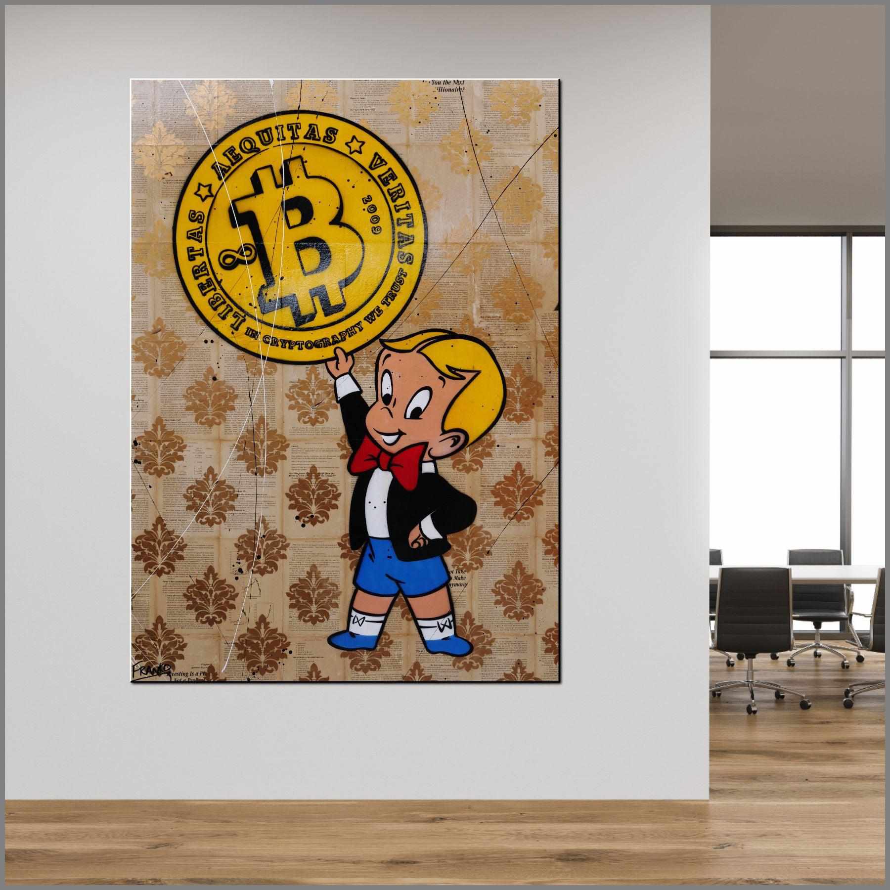 Bitcoin Futures 140cm x 100cm Richie Rich Bitcoin Urban Pop Book Club Painting (SOLD)-book club-[Franko_Artist]-[Australian_artist]-[Gold_Coast]-[Brisbane]-[modern]-[contemporary]-[original]-[Large_artwork]-[The_Block]-[Dream_Homes]-[ideas]-[Grand_Designs]-[Art_Lover]-Franklin Art Studio