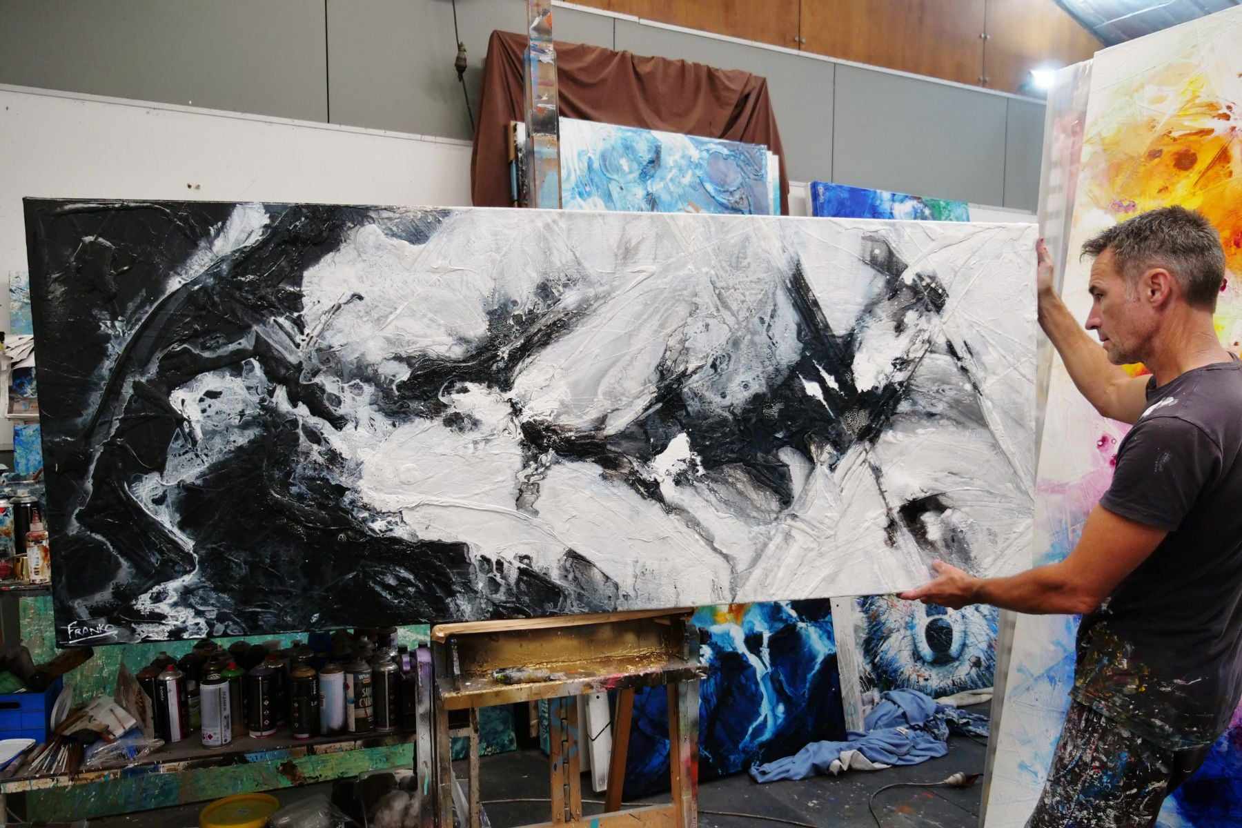 Black Pearl 200cm x 80cm Black White Textured Abstract Painting (SOLD)-Abstract-[Franko_Artist]-[The_Block]-[Dream_Homes]-[ideas]- [Grand_Designs]-Franklin Art Studio