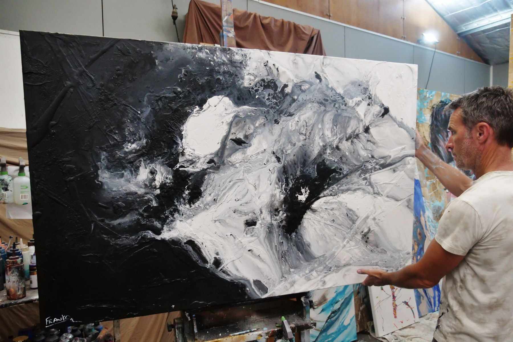 Black Rapture 160cm x 100cm Black White Textured Abstract Painting (SOLD)-Abstract-[Franko_Artist]-[The_Block]-[Dream_Homes]-[ideas]-[Grand_Designs]-[Art_Lover]-Franklin Art Studio