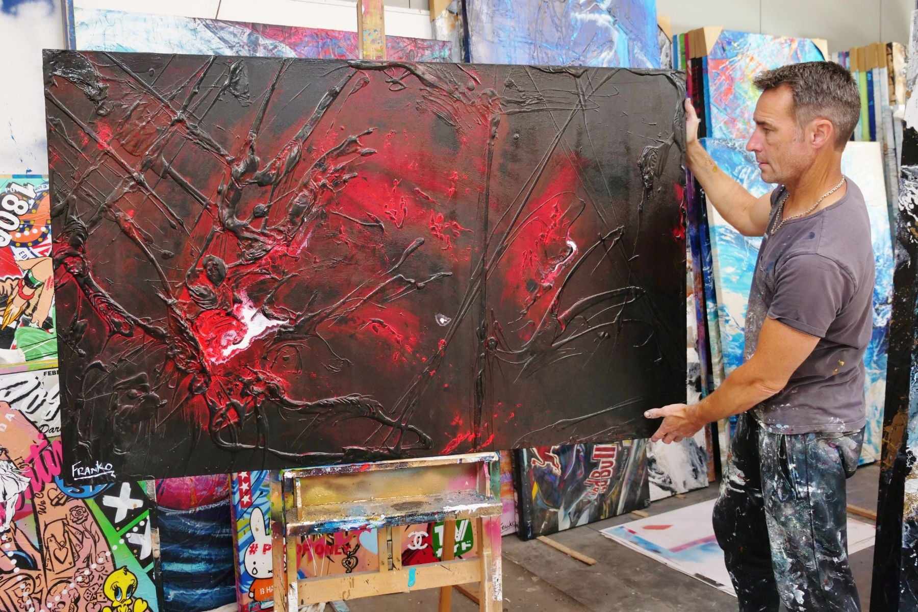Black Red Sun 160cm x 100cm Black Red Textured Abstract Painting (SOLD)-Abstract-[Franko_Artist]-[The_Block]-[Dream_Homes]-[ideas]- [Grand_Designs]-Franklin Art Studio