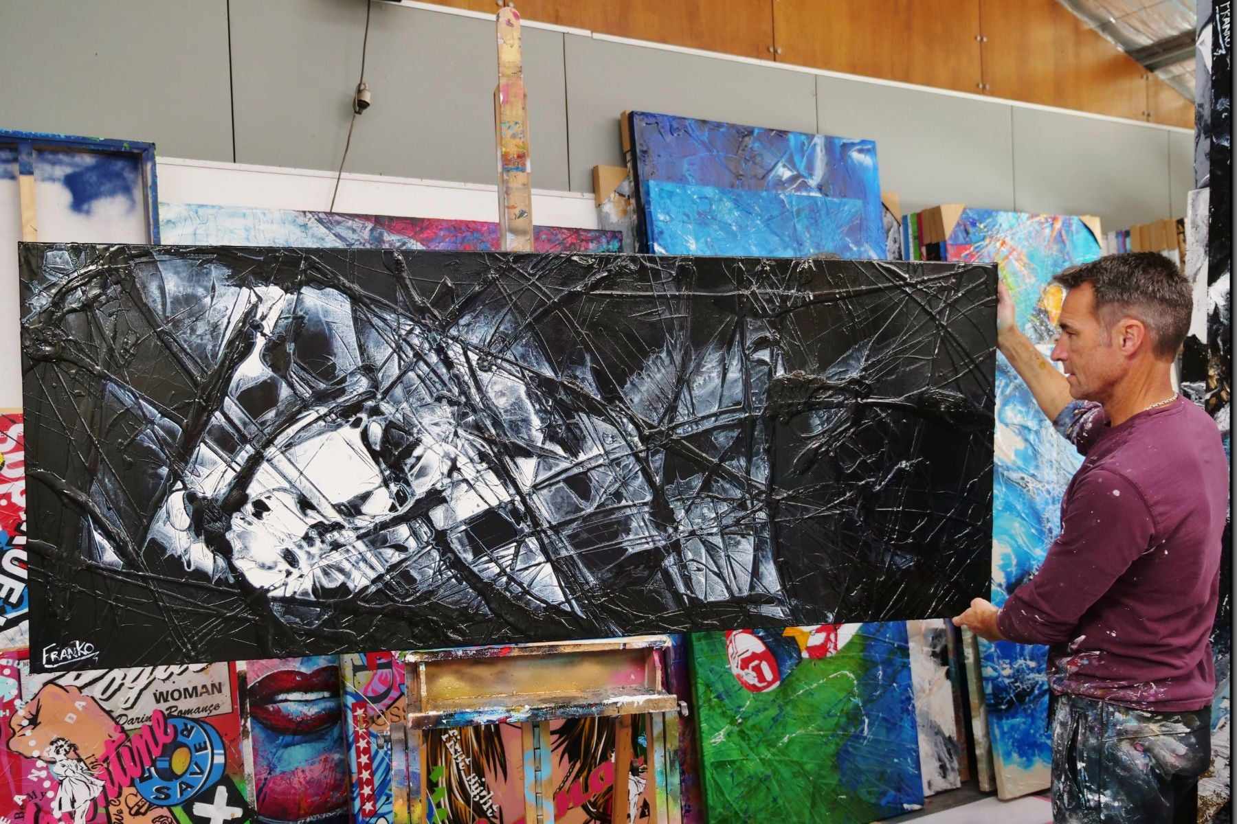 Black Salt 200cm x 80cm Black White Textured Abstract Painting (SOLD)-Abstract-[Franko_Artist]-[The_Block]-[Dream_Homes]-[ideas]- [Grand_Designs]-Franklin Art Studio