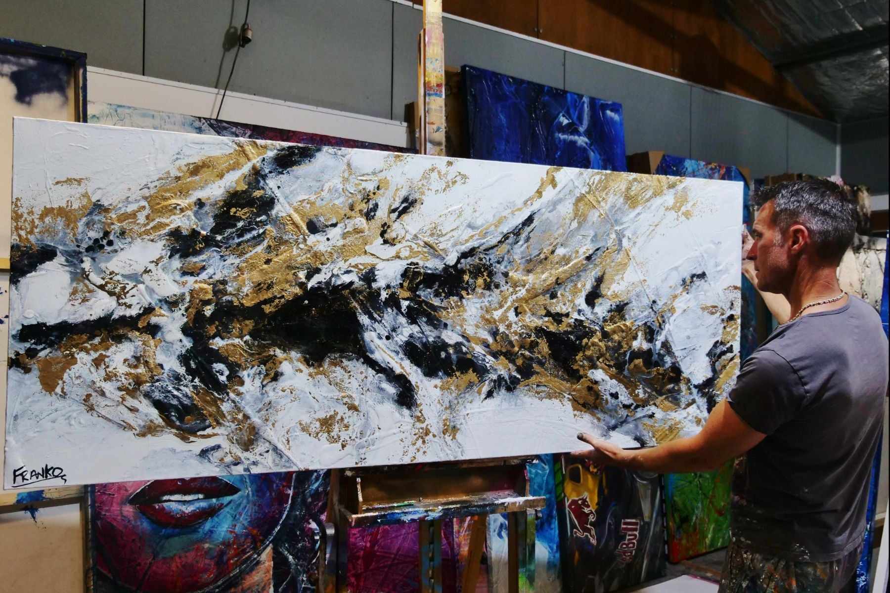 Black and Gold Elegance 200cm x 80cm Black Gold Textured Abstract Painting (SOLD)-Abstract-[Franko_Artist]-[The_Block]-[Dream_Homes]-[ideas]- [Grand_Designs]-Franklin Art Studio