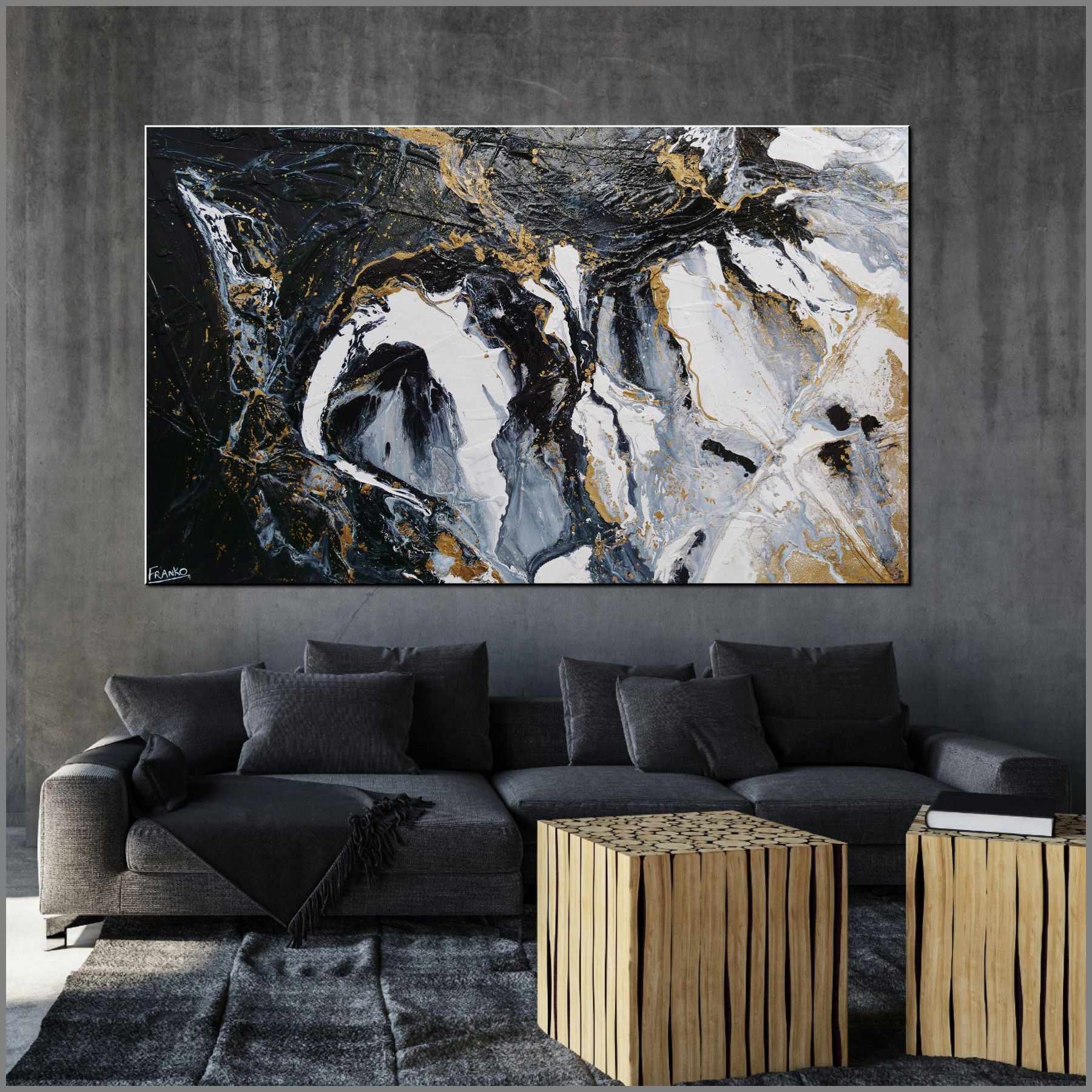 Blackened Gold Rapture 200cm x 120cm Black Grey Gold Textured Abstract Painting (SOLD)-Abstract-[Franko_Artist]-[Australian_artist]-[Gold_Coast]-[Brisbane]-[modern]-[contemporary]-[original]-[Large_artwork]-[The_Block]-[Dream_Homes]-[ideas]-[Grand_Designs]-[Art_Lover]-Franklin Art Studio