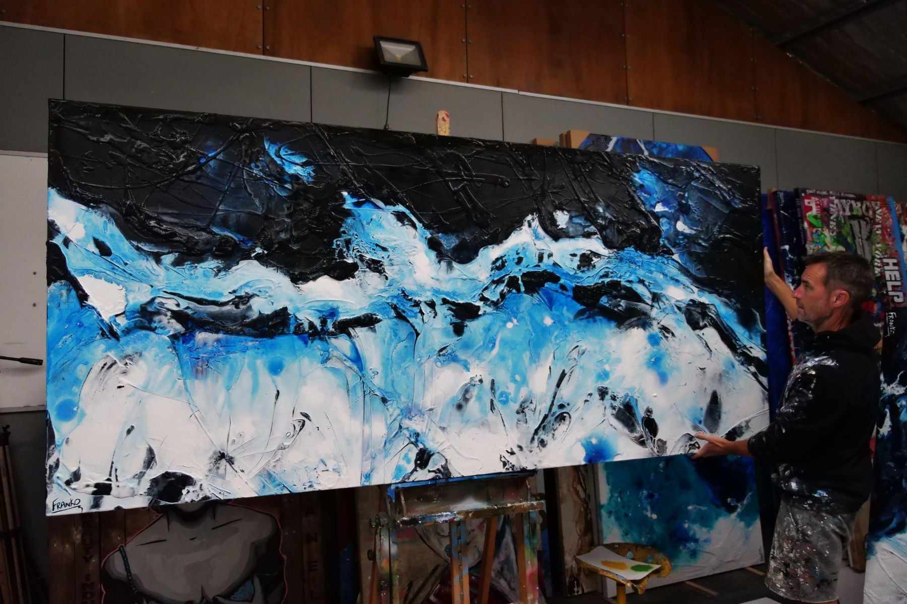Blackened Rain 270cm x 120cm Black Blue Textured Abstract Painting (SOLD)-Abstract-[Franko_Artist]-[The_Block]-[Dream_Homes]-[ideas]- [Grand_Designs]-Franklin Art Studio