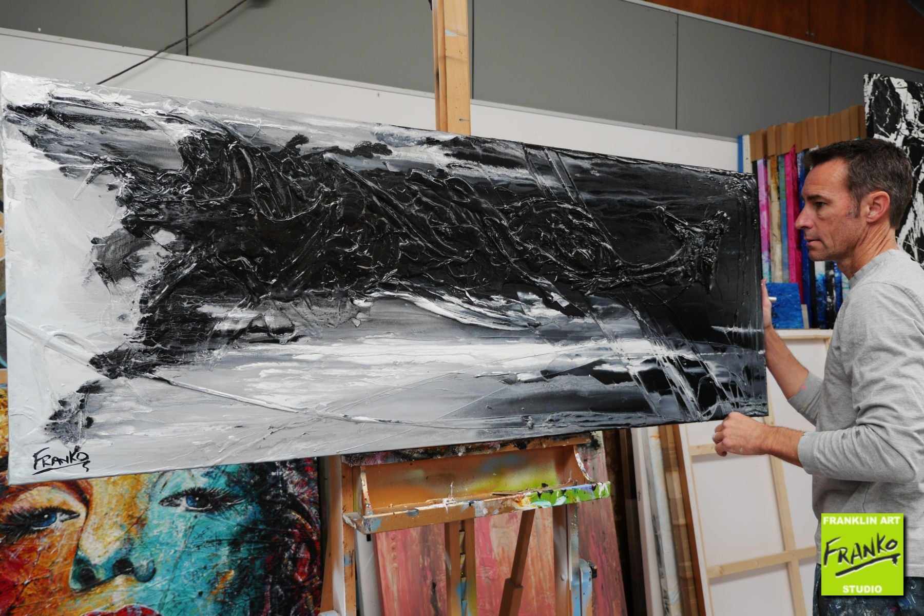 Blackish Grey 160cm x 60cm Black Grey Textured Abstract Painting (SOLD)-Abstract-[Franko_Artist]-[The_Block]-[Dream_Homes]-[ideas]- [Grand_Designs]-Franklin Art Studio