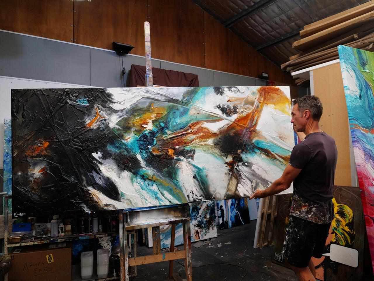 Blended Potion 240cm x 100cm Black Teal Oxide Textured Abstract Painting (SOLD)-Abstract-[Franko_Artist]-[The_Block]-[Dream_Homes]-[ideas]- [Grand_Designs]-Franklin Art Studio