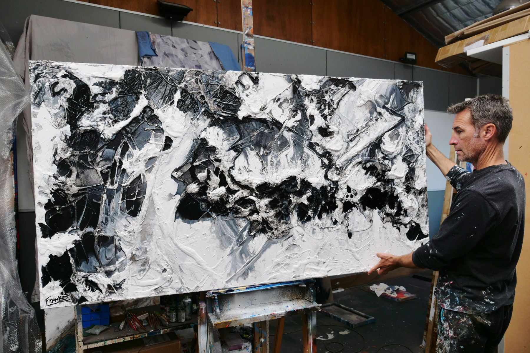Bliss 190cm x 100cm Black White Textured Abstract Painting (SOLD)-Abstract-[Franko_Artist]-[The_Block]-[Dream_Homes]-[ideas]- [Grand_Designs]-Franklin Art Studio