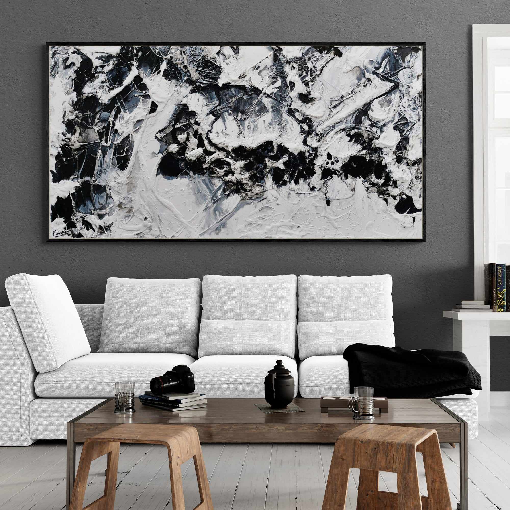 Bliss 190cm x 100cm Black White Textured Abstract Painting (SOLD)-Abstract-[Franko_Artist]-[The_Block]-[Dream_Homes]-[ideas]-[Grand_Designs]-[Art_Lover]-Franklin Art Studio