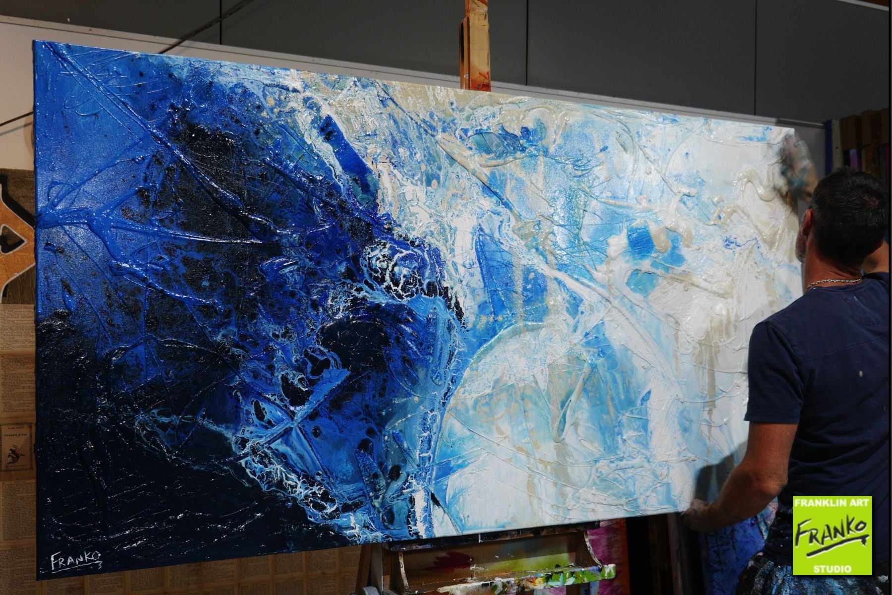 Blu Atoll 190cm x 100cm White Blue Textured Abstract Painting (SOLD)-Abstract-[Franko_Artist]-[The_Block]-[Dream_Homes]-[ideas]- [Grand_Designs]-Franklin Art Studio