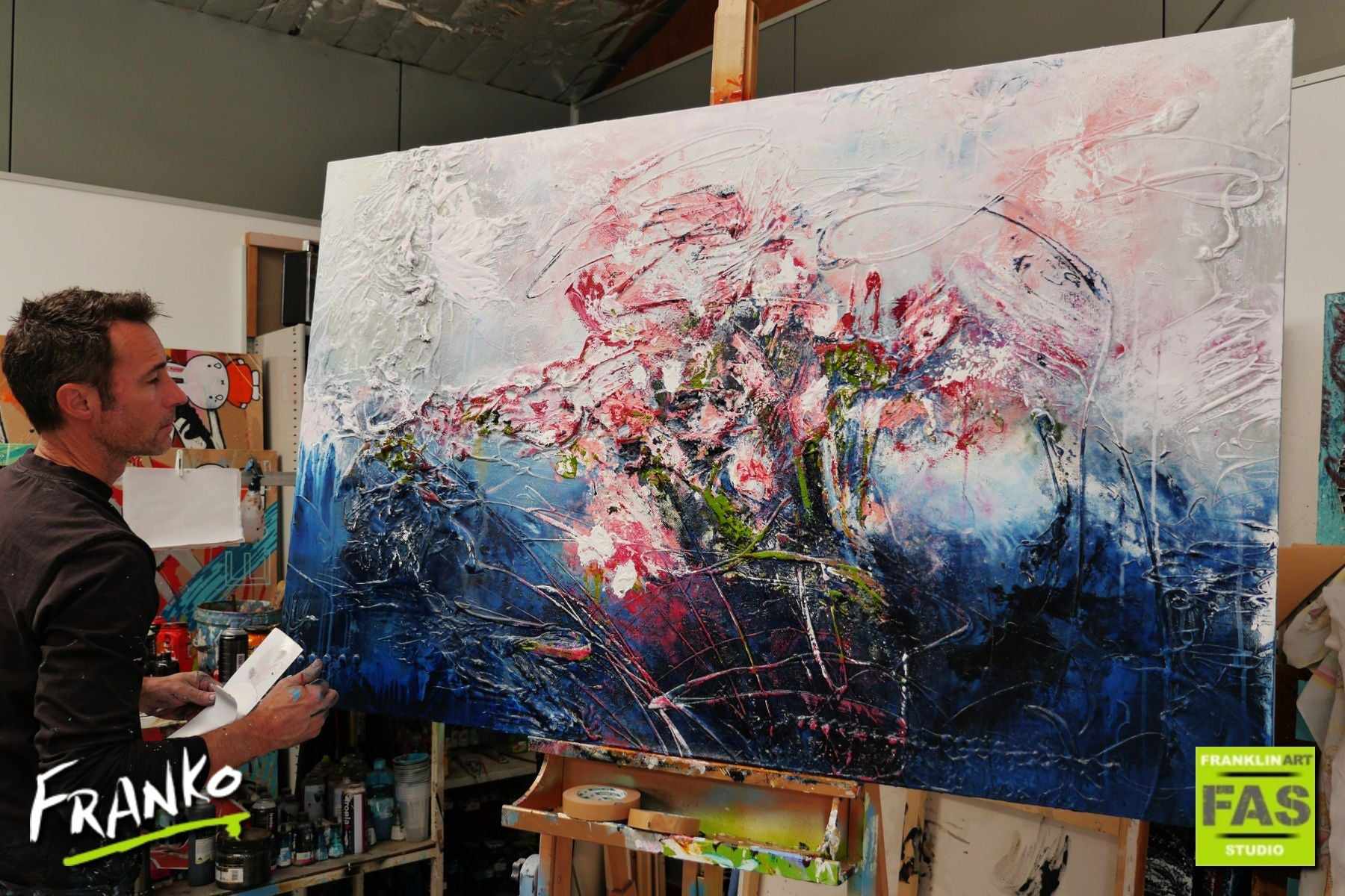 Blu Bloom 160cm x 100cm Blue Grey Pink Textured Abstract Painting (SOLD)-Abstract-[Franko_Artist]-[The_Block]-[Dream_Homes]-[ideas]- [Grand_Designs]-Franklin Art Studio