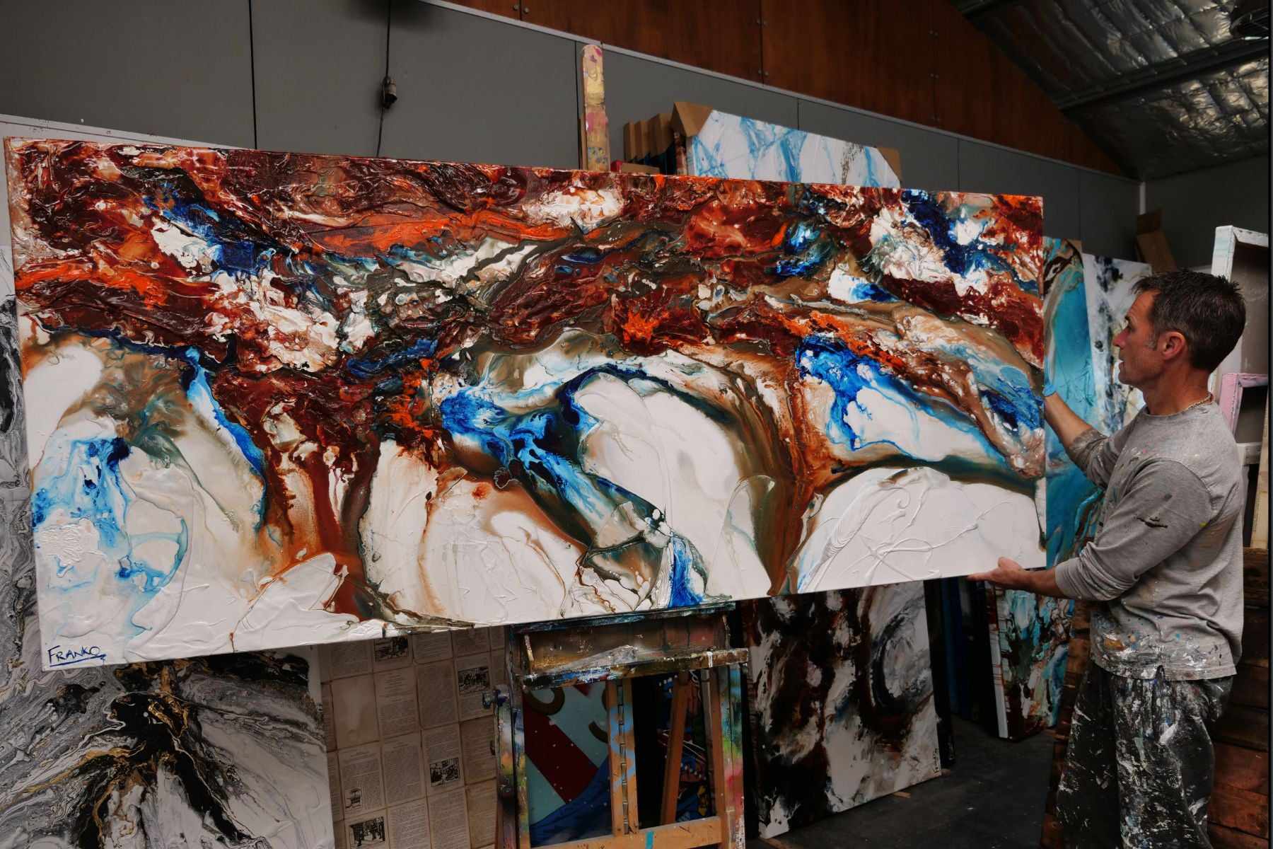 Blu Coast 240cm x 100cm Blue Cream Textured Abstract Painting (SOLD)-Abstract-[Franko_Artist]-[The_Block]-[Dream_Homes]-[ideas]- [Grand_Designs]-Franklin Art Studio