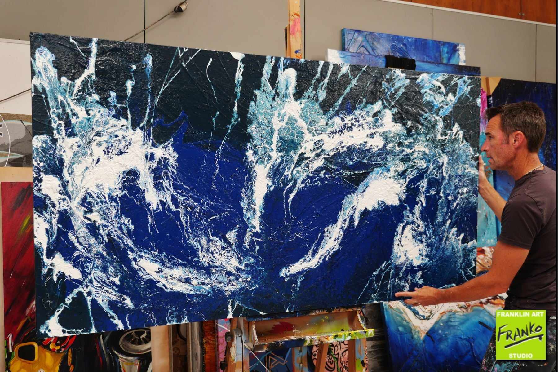 Blu Drift 190cm x 100cm White Blue Textured Abstract Painting (SOLD)-Abstract-[Franko_Artist]-[The_Block]-[Dream_Homes]-[ideas]- [Grand_Designs]-Franklin Art Studio