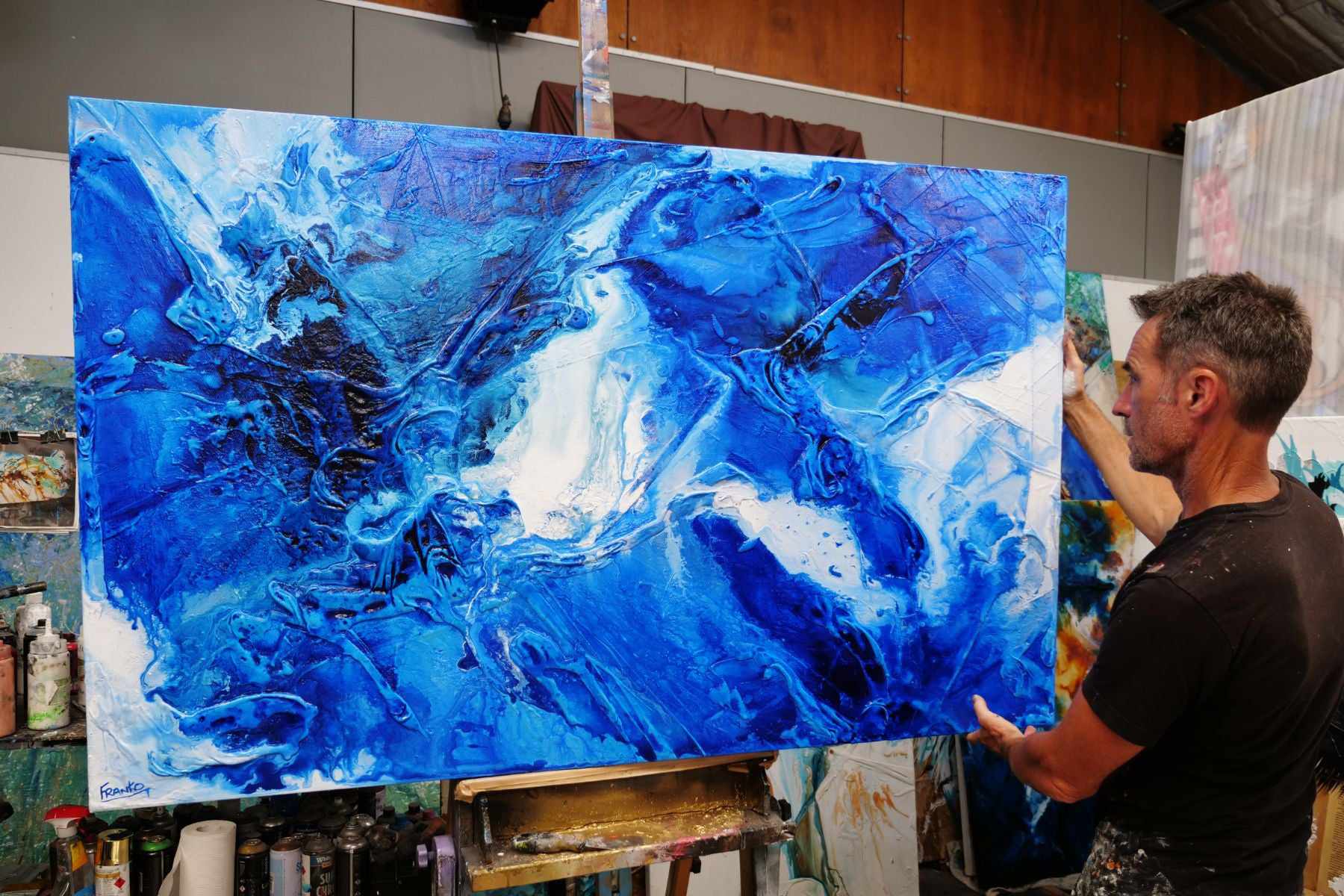 Blue Champagne 160cm x 100cm Blue White Textured Abstract Painting (SOLD)-Abstract-[Franko_Artist]-[The_Block]-[Dream_Homes]-[ideas]- [Grand_Designs]-Franklin Art Studio