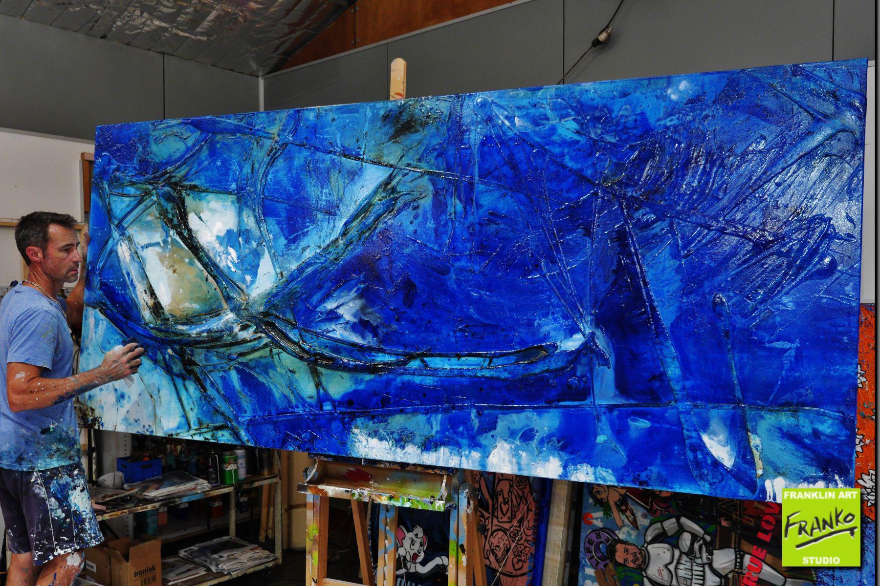Blue Class and Bling 270cm x 120cm Blue Textured Abstract Painting (SOLD)-Abstract-[Franko_Artist]-[The_Block]-[Dream_Homes]-[ideas]- [Grand_Designs]-Franklin Art Studio
