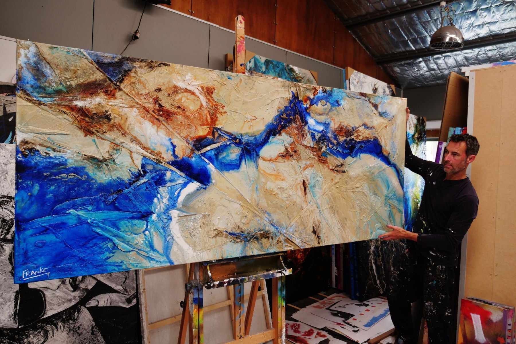 Blue Delta 240cm x 100cm Cream Blue Textured Abstract Painting (SOLD)-Abstract-[Franko_Artist]-[The_Block]-[Dream_Homes]-[ideas]- [Grand_Designs]-Franklin Art Studio