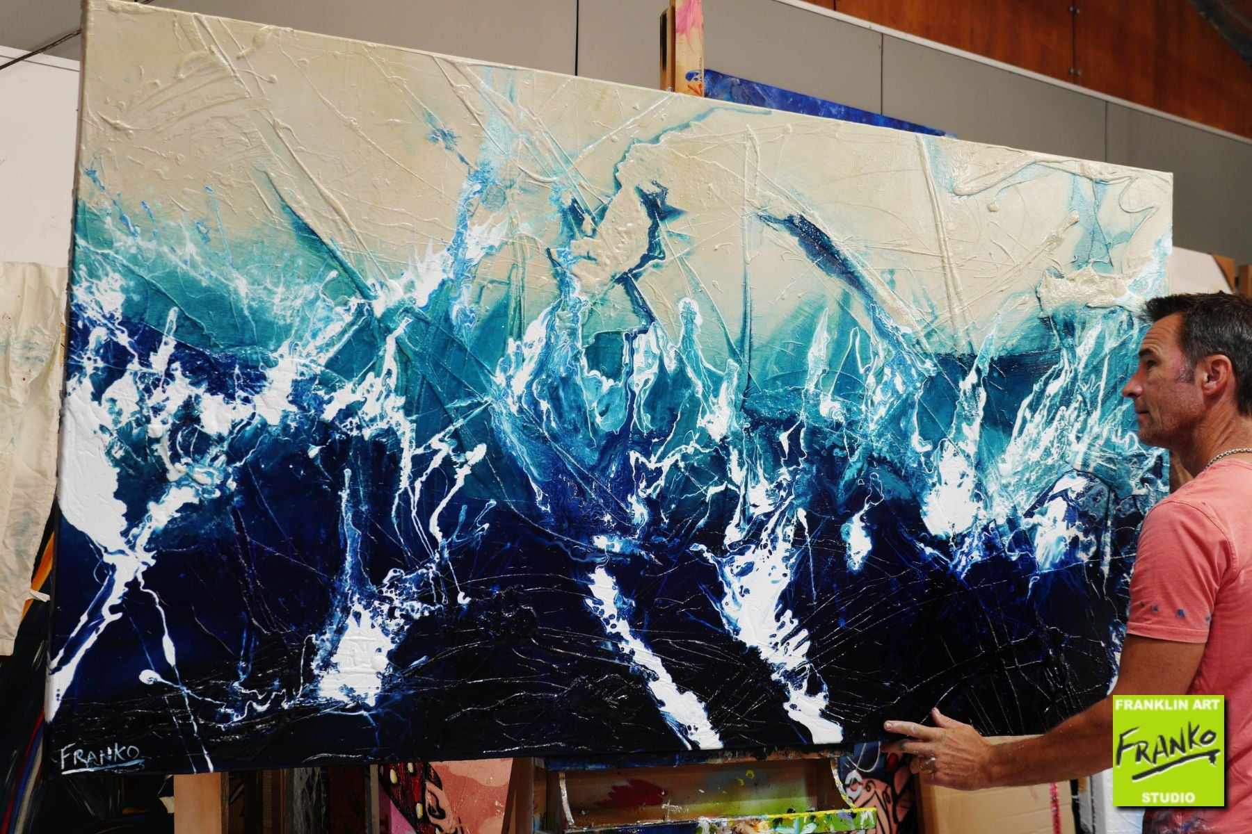 Blue Drift 190cm x 100cm White Cream Blue Textured Abstract Painting (SOLD)-Abstract-[Franko_Artist]-[The_Block]-[Dream_Homes]-[ideas]- [Grand_Designs]-Franklin Art Studio