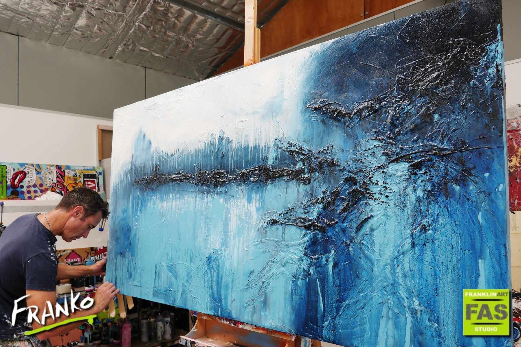 Blue Drifter 190cm x 100cm White Blue Abstract Painting (SOLD)-Abstract-[Franko_Artist]-[The_Block]-[Dream_Homes]-[ideas]- [Grand_Designs]-Franklin Art Studio