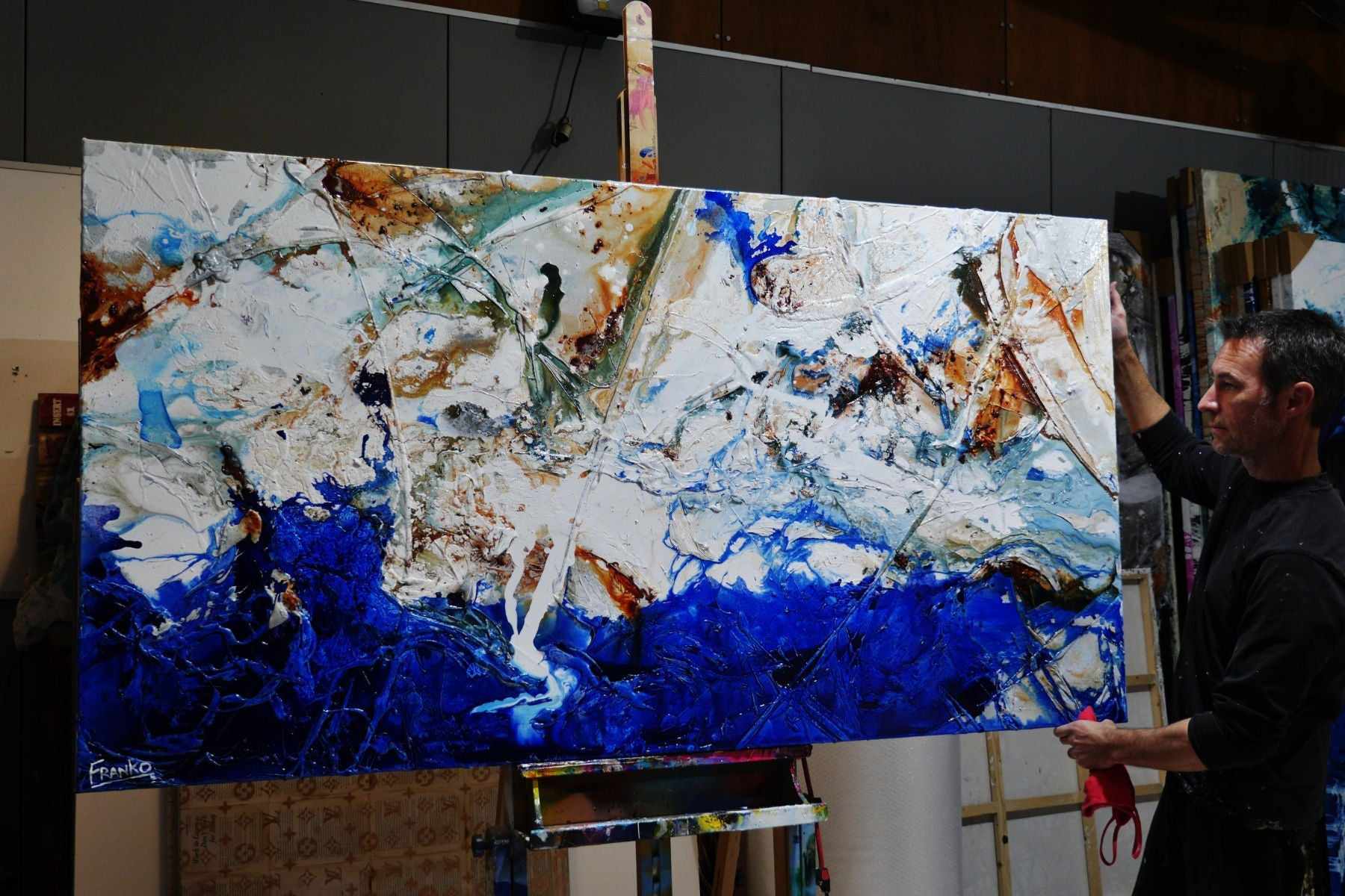 Blue Fandango 190cm x 100cm Blue White Textured Abstract Painting (SOLD)-Abstract-[Franko_Artist]-[The_Block]-[Dream_Homes]-[ideas]- [Grand_Designs]-Franklin Art Studio