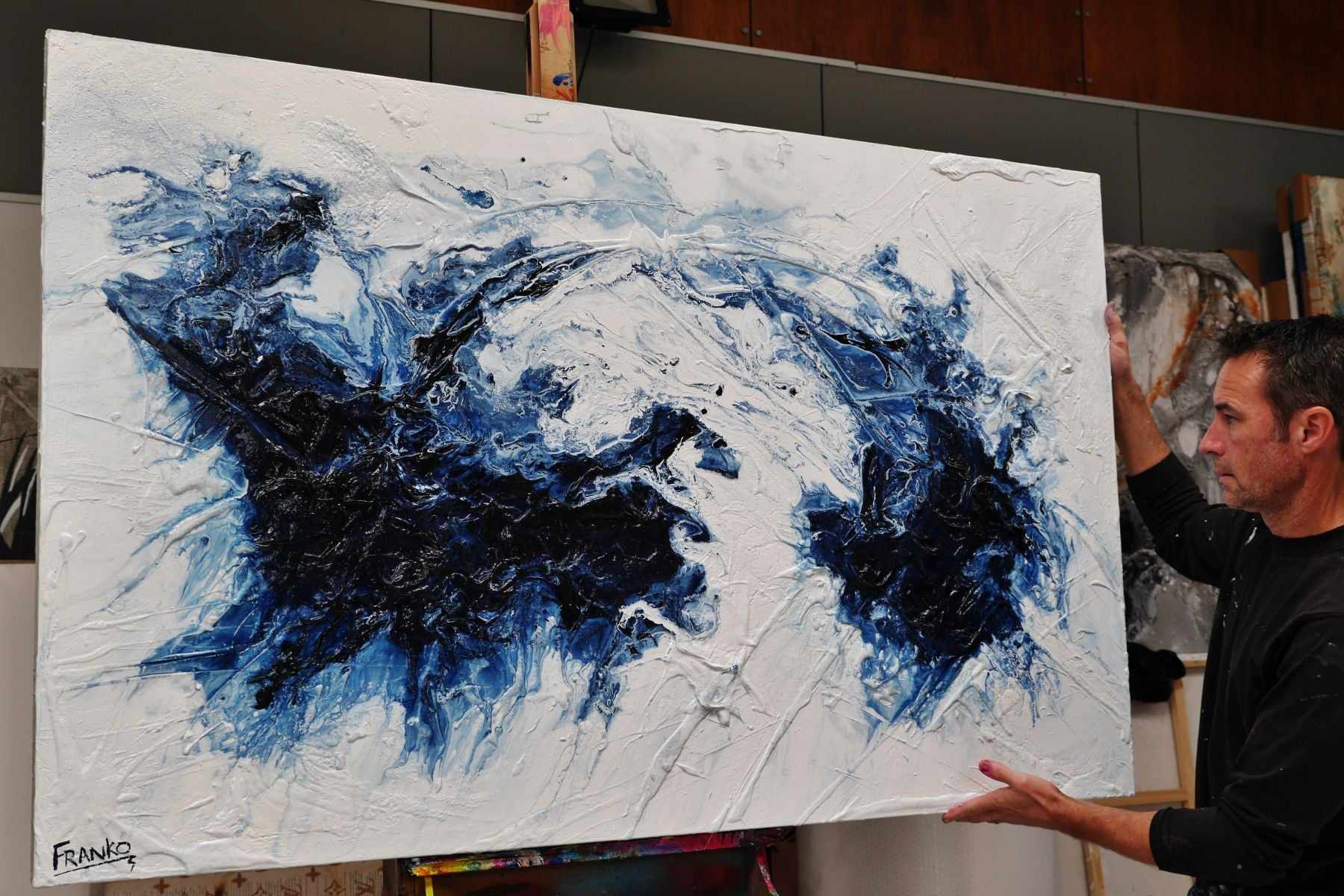 Blue Gemini 160cm x 100cm Blue White Textured Abstract Painting (SOLD)-Abstract-[Franko_Artist]-[The_Block]-[Dream_Homes]-[ideas]- [Grand_Designs]-Franklin Art Studio