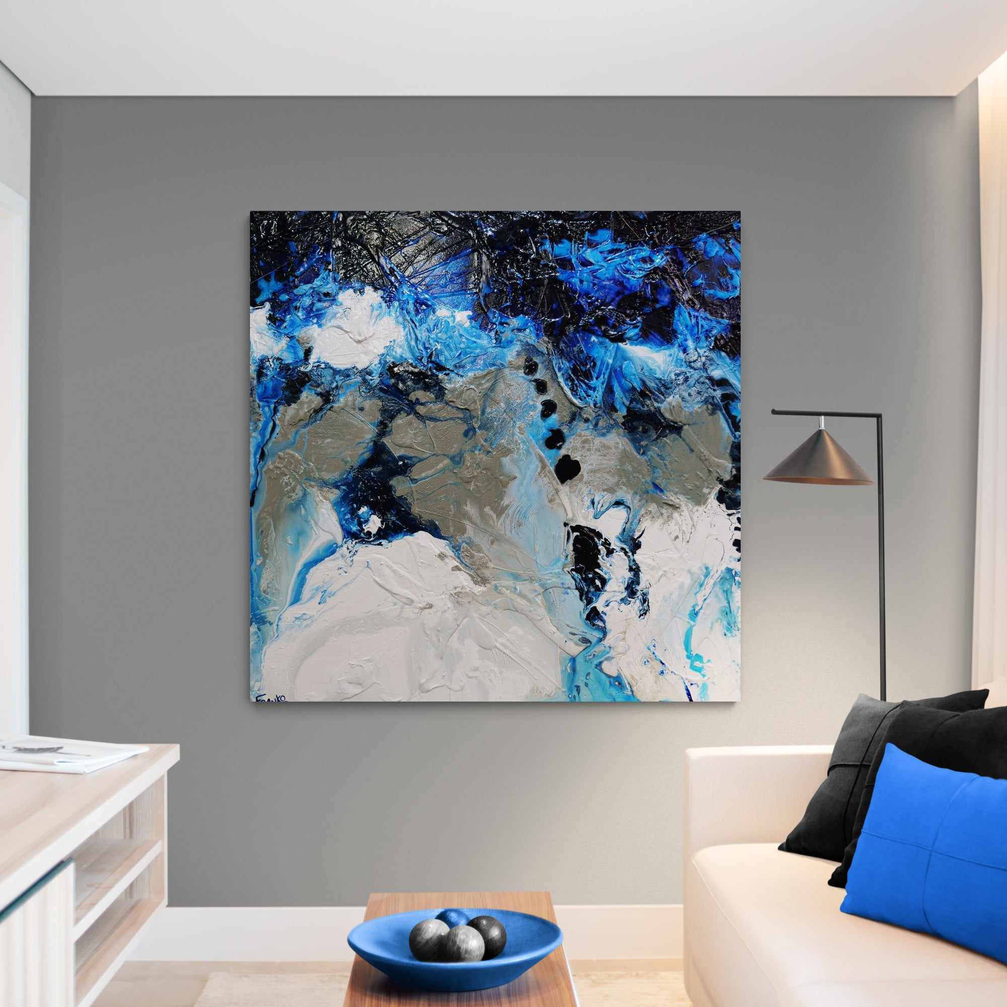 Blue Genetics 120cm x 120cm Blue White Textured Abstract Painting (SOLD)-Abstract-[Franko_Artist]-[The_Block]-[Dream_Homes]-[ideas]- [Grand_Designs]-Franklin Art Studio