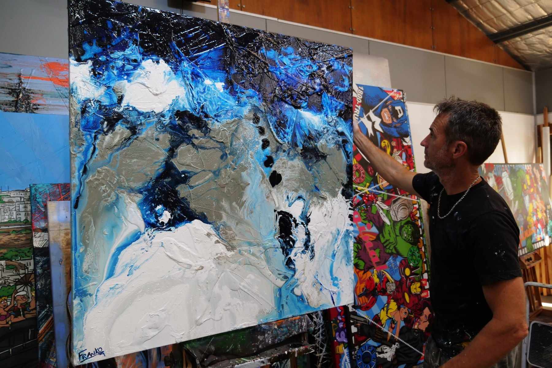 Blue Genetics 120cm x 120cm Blue White Textured Abstract Painting (SOLD)-Abstract-[Franko_Artist]-[The_Block]-[Dream_Homes]-[ideas]-[Grand_Designs]-[Art_Lover]-Franklin Art Studio