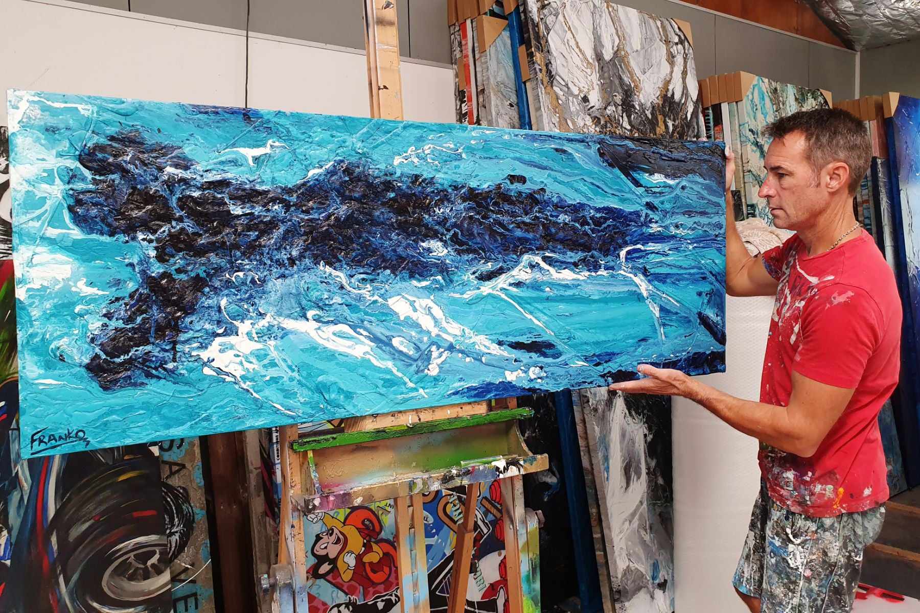 Blue Myth 2 160cm x 60cm Blue Textured Abstract Painting (SOLD)-Abstract-[Franko_Artist]-[The_Block]-[Dream_Homes]-[ideas]- [Grand_Designs]-Franklin Art Studio