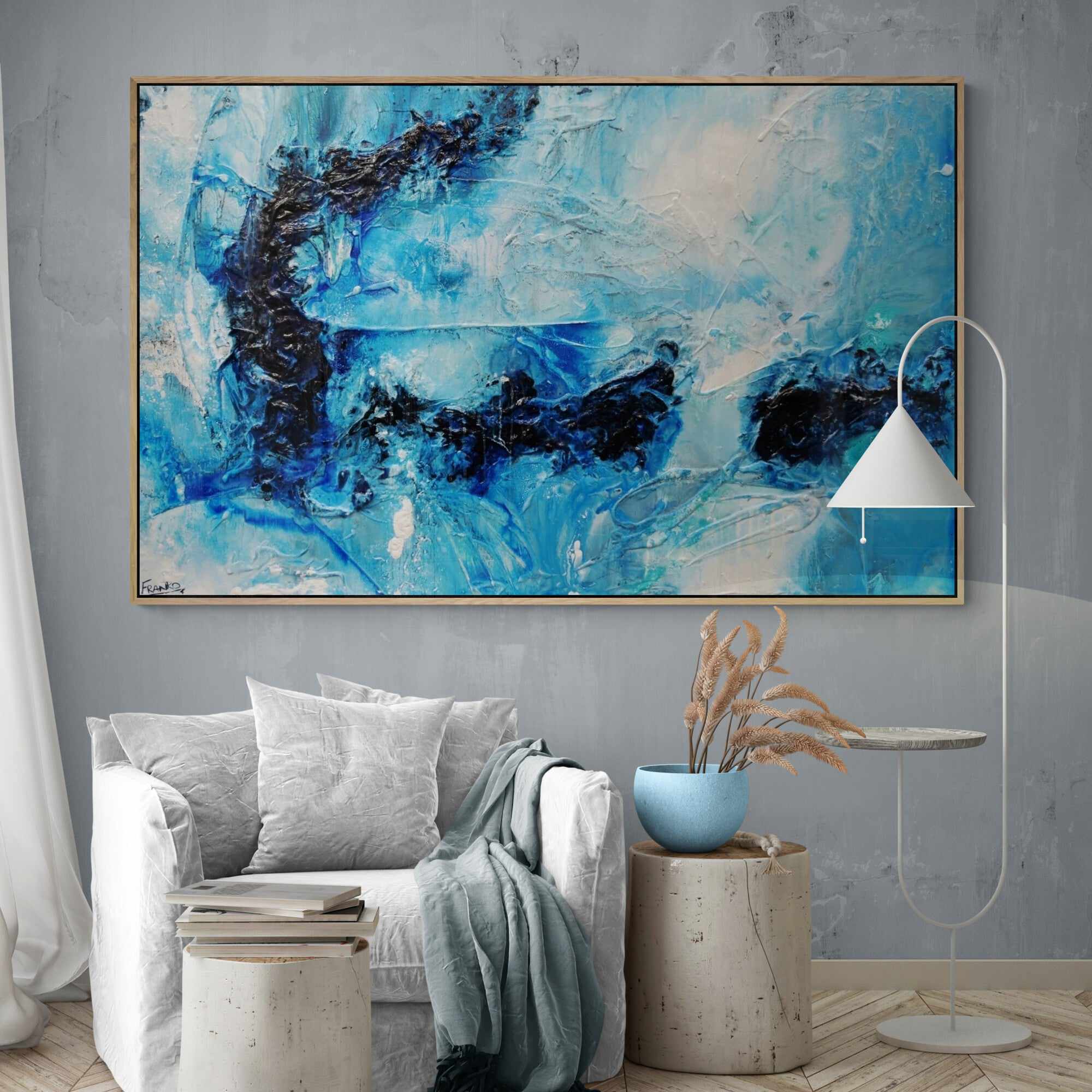 Blue Oyster Bay 160cm x 100cm Blue White Textured Abstract Painting (SOLD)-Abstract-[Franko_Artist]-[The_Block]-[Dream_Homes]-[ideas]- [Grand_Designs]-Franklin Art Studio