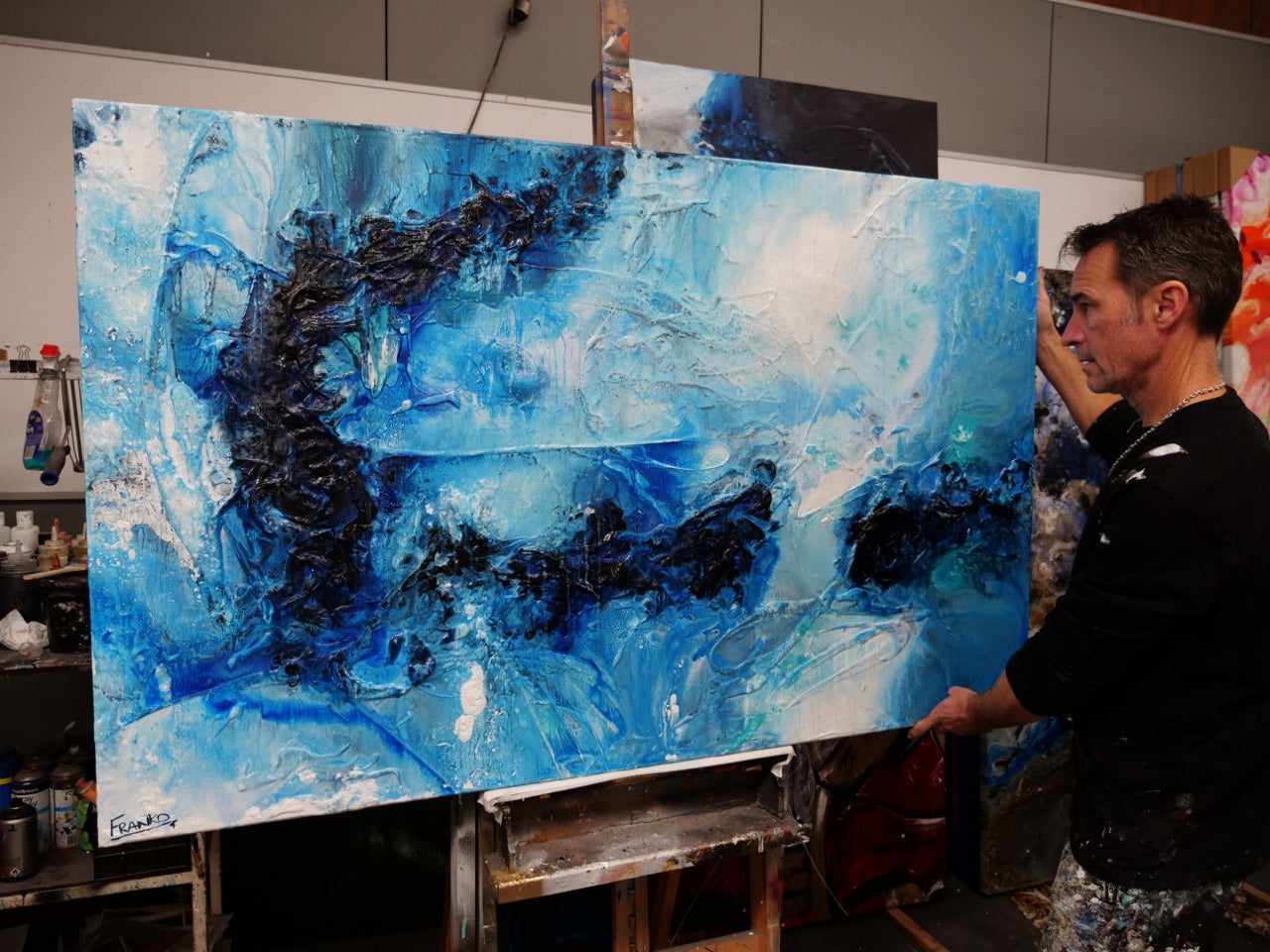 Blue Oyster Bay 160cm x 100cm Blue White Textured Abstract Painting (SOLD)-Abstract-[Franko_Artist]-[The_Block]-[Dream_Homes]-[ideas]-[Grand_Designs]-[Art_Lover]-Franklin Art Studio