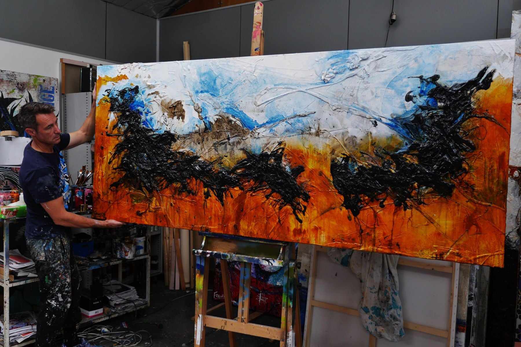 Blue Pools 240cm x 100cm Black Sienna White Blue Abstract Painting (SOLD)-abstract-[Franko_Artist]-[The_Block]-[Dream_Homes]-[ideas]- [Grand_Designs]-Franklin Art Studio
