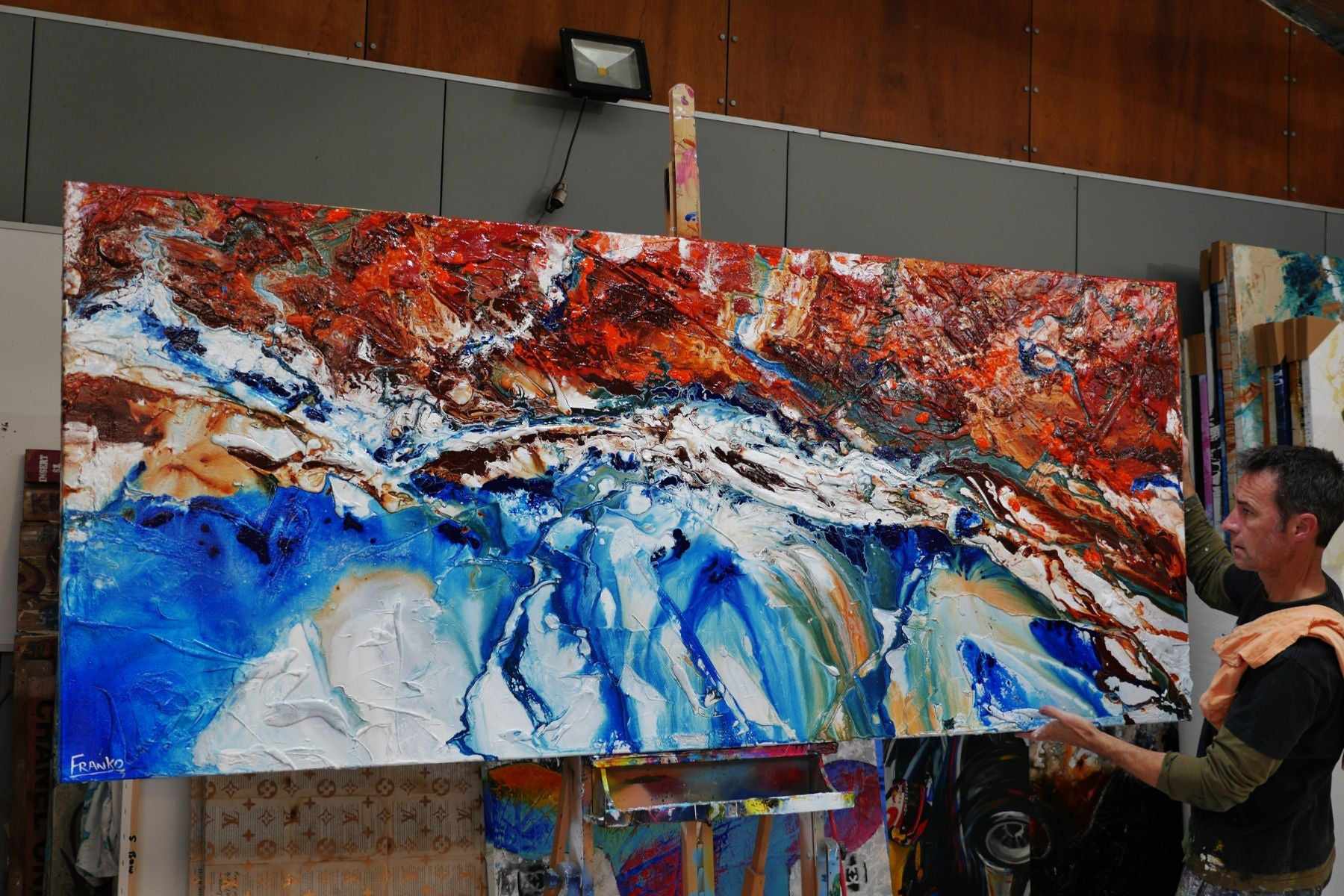 Blue Silk 240cm x 100cm Brown Blue White Textured Abstract Painting (SOLD)-Abstract-[Franko_Artist]-[The_Block]-[Dream_Homes]-[ideas]- [Grand_Designs]-Franklin Art Studio