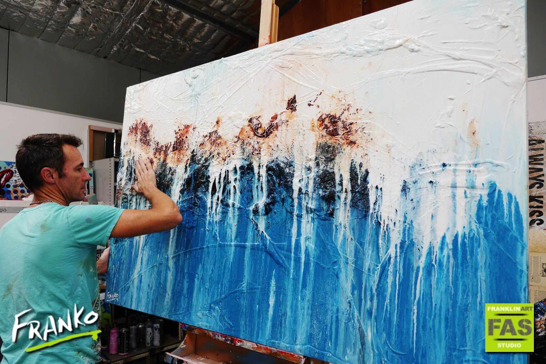 Blue & Teal Classic 160cm x 100cm White Blue Abstract Painting (SOLD)-Abstract-[Franko_Artist]-[The_Block]-[Dream_Homes]-[ideas]- [Grand_Designs]-Franklin Art Studio