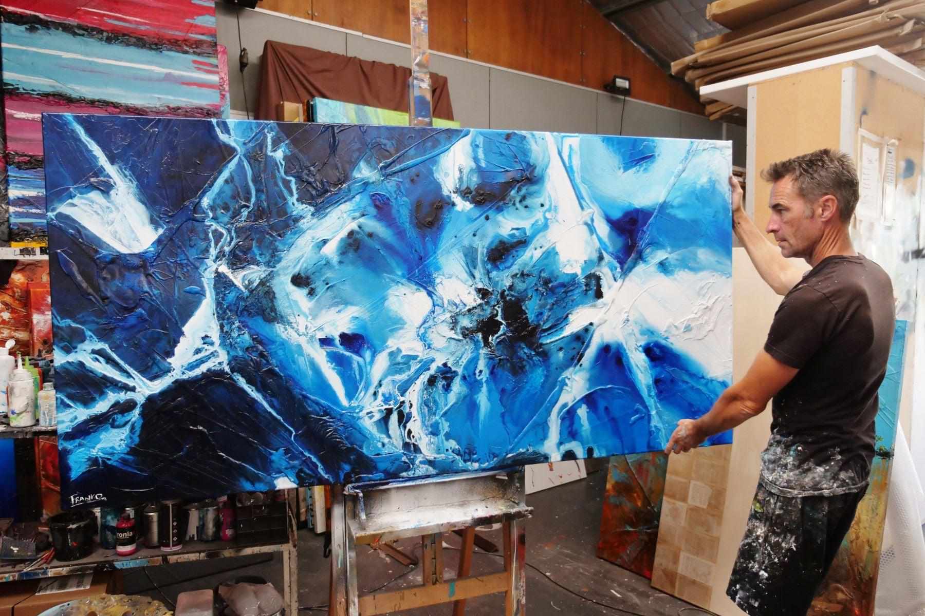 Blue Theory 200cm x 100cm Blue White Textured Abstract Painting (SOLD)-Abstract-[Franko_Artist]-[The_Block]-[Dream_Homes]-[ideas]- [Grand_Designs]-Franklin Art Studio