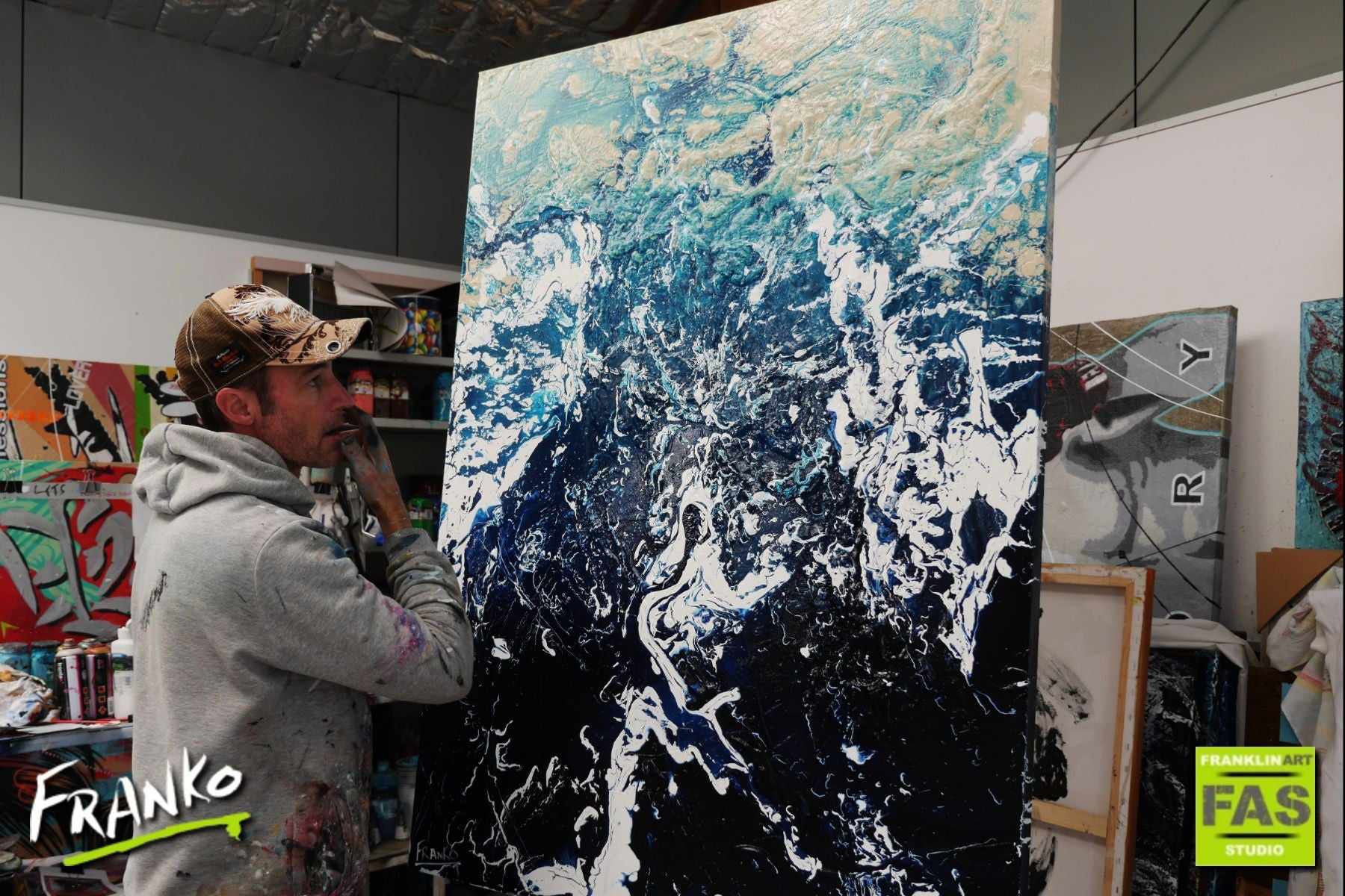 Blue Wash 140cm x 100cm Blue Cream White Textured Abstract Painting (SOLD)-Abstract-[Franko_Artist]-[The_Block]-[Dream_Homes]-[ideas]- [Grand_Designs]-Franklin Art Studio