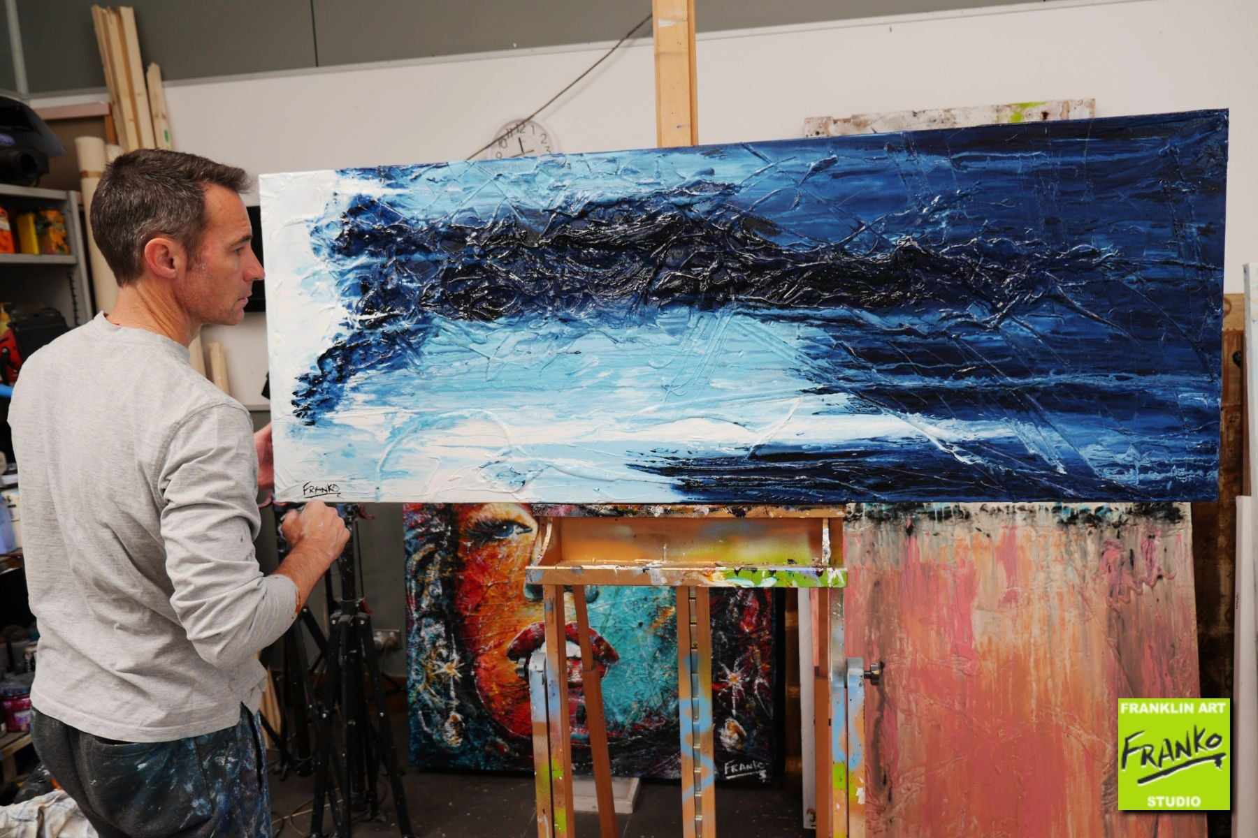 Bluey Blue 160cm x 60cm Blue White Textured Abstract Painting (SOLD)-Abstract-[Franko_Artist]-[The_Block]-[Dream_Homes]-[ideas]- [Grand_Designs]-Franklin Art Studio