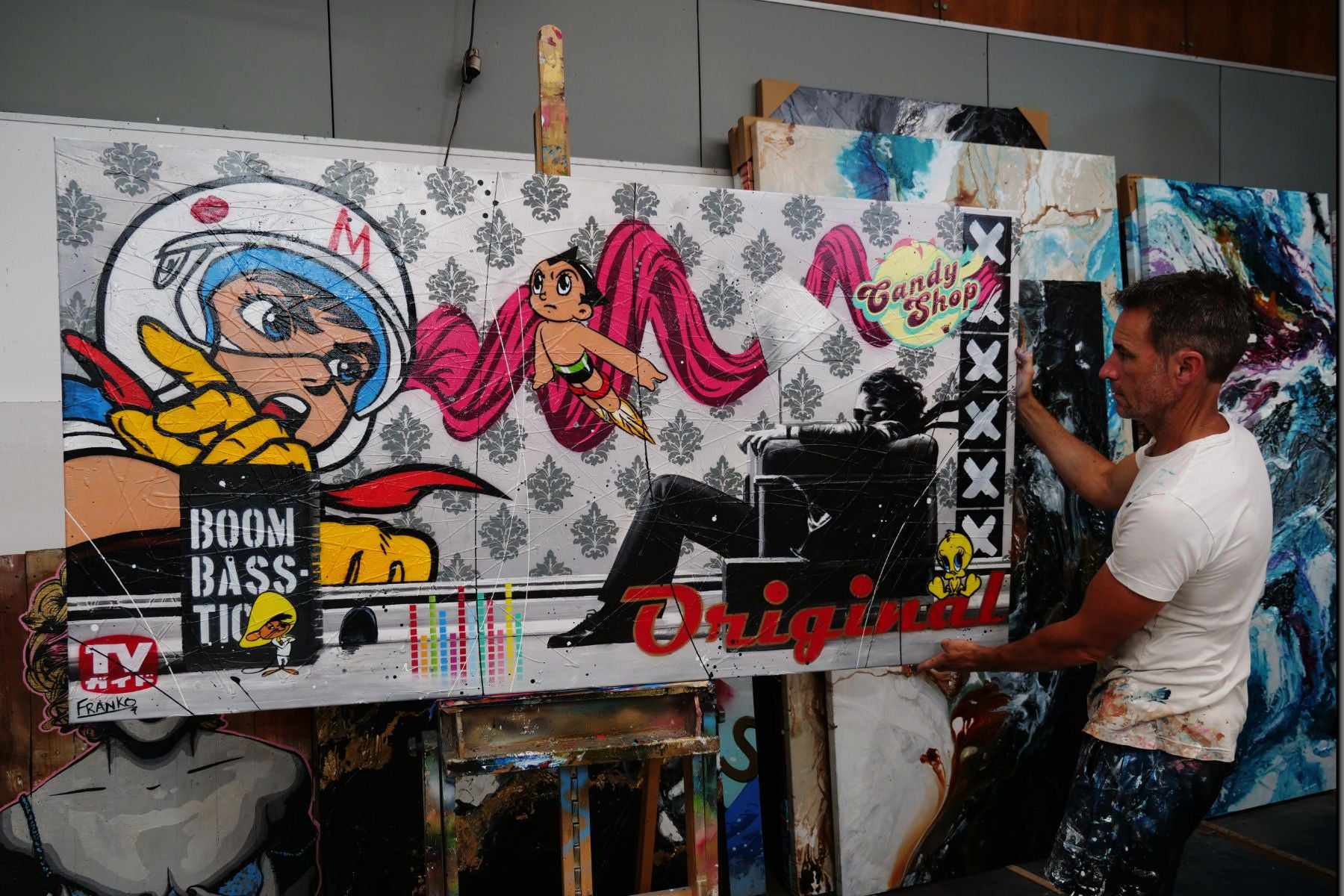 Boomtastic 190cm x 100cm Blown Away Guy Textured Urban Pop Art Painting (SOLD)-Urban Pop Art-[Franko_Artist]-[The_Block]-[Dream_Homes]-[ideas]- [Grand_Designs]-Franklin Art Studio
