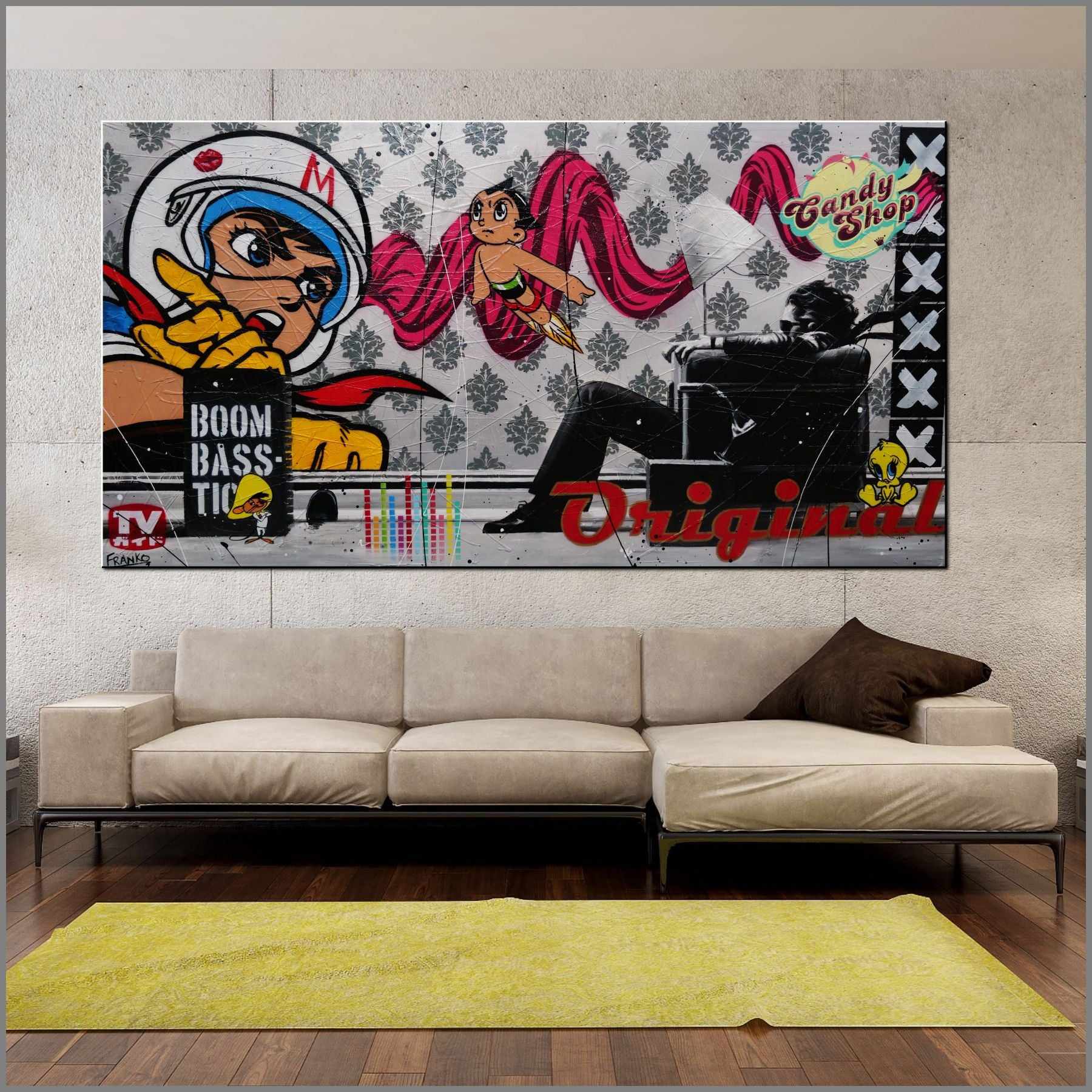 Boomtastic 190cm x 100cm Blown Away Guy Textured Urban Pop Art Painting (SOLD)-Urban Pop Art-[Franko_Artist]-[Australian_artist]-[Gold_Coast]-[Brisbane]-[modern]-[contemporary]-[original]-[Large_artwork]-[The_Block]-[Dream_Homes]-[ideas]-[Grand_Designs]-[Art_Lover]-Franklin Art Studio