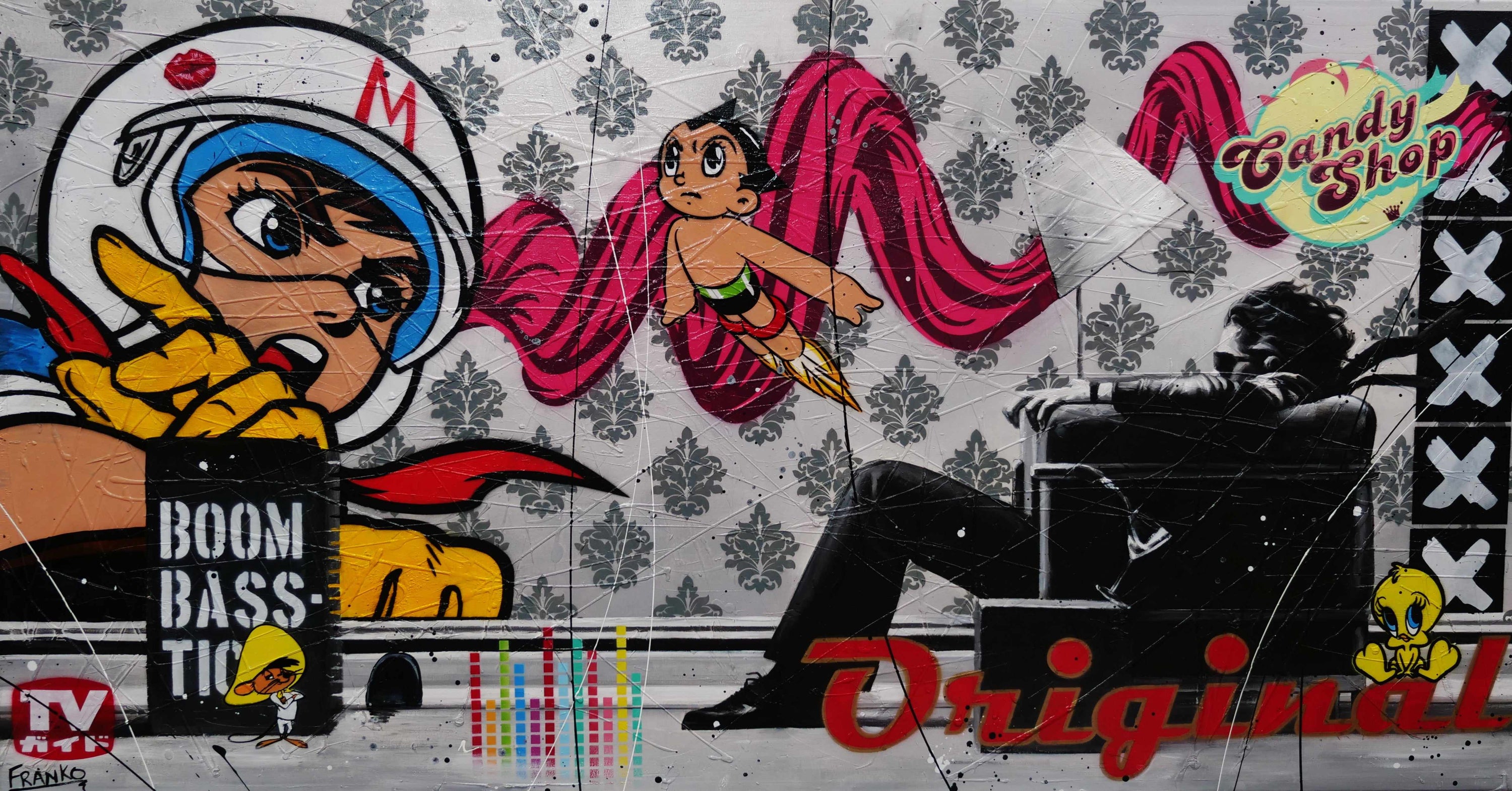 Boomtastic 190cm x 100cm Blown Away Guy Textured Urban Pop Art Painting (SOLD)-Urban Pop Art-[Franko_Artist]-[Australian_artist]-[Gold_Coast]-[Brisbane]-[modern]-[contemporary]-[original]-[Large_artwork]-Franklin Art Studio