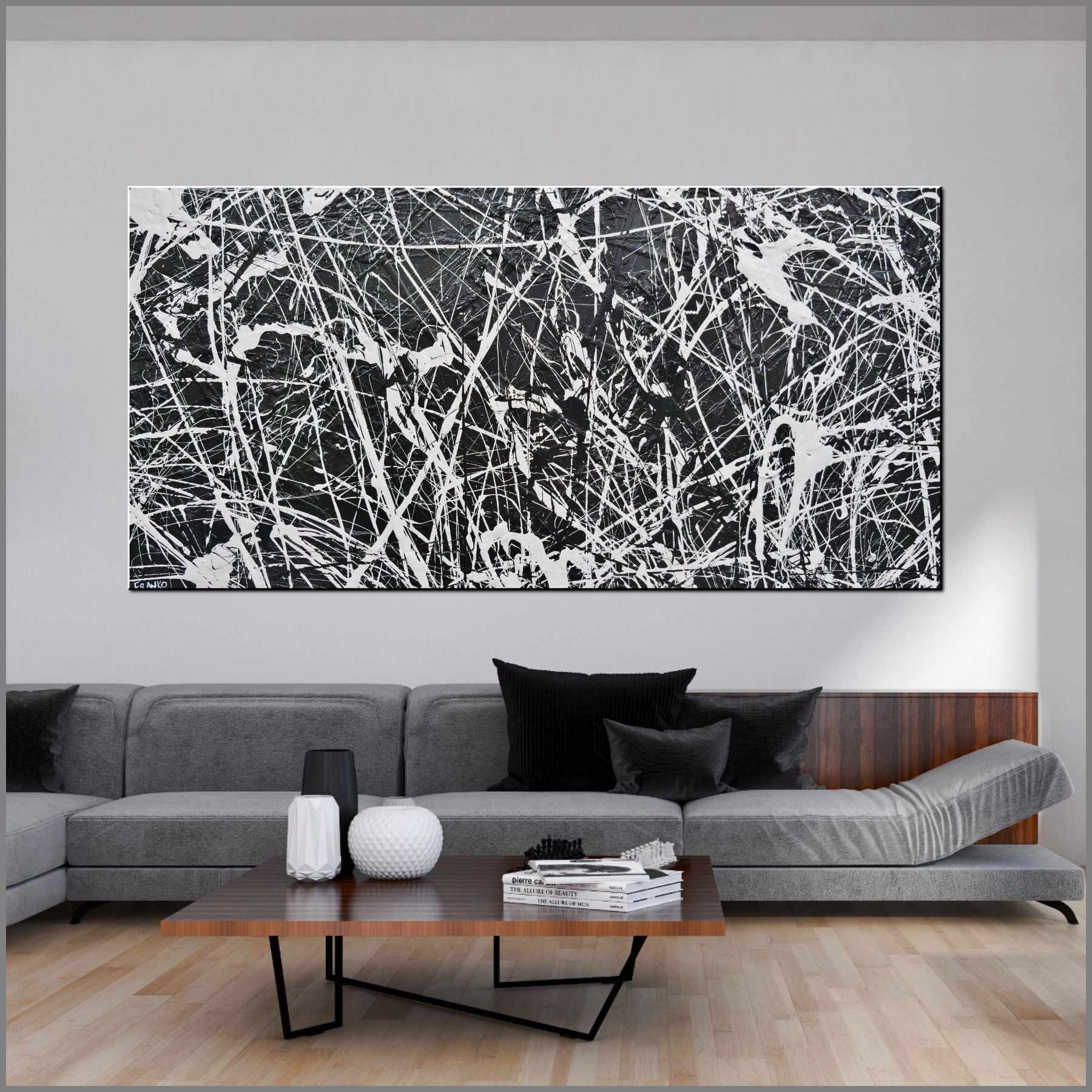 Brain Scatter 240cm x 120cm Black White Textured Abstract Painting (SOLD)-Abstract-[Franko_Artist]-[Australian_artist]-[Gold_Coast]-[Brisbane]-[modern]-[contemporary]-[original]-[Large_artwork]-[The_Block]-[Dream_Homes]-[ideas]-[Grand_Designs]-[Art_Lover]-Franklin Art Studio