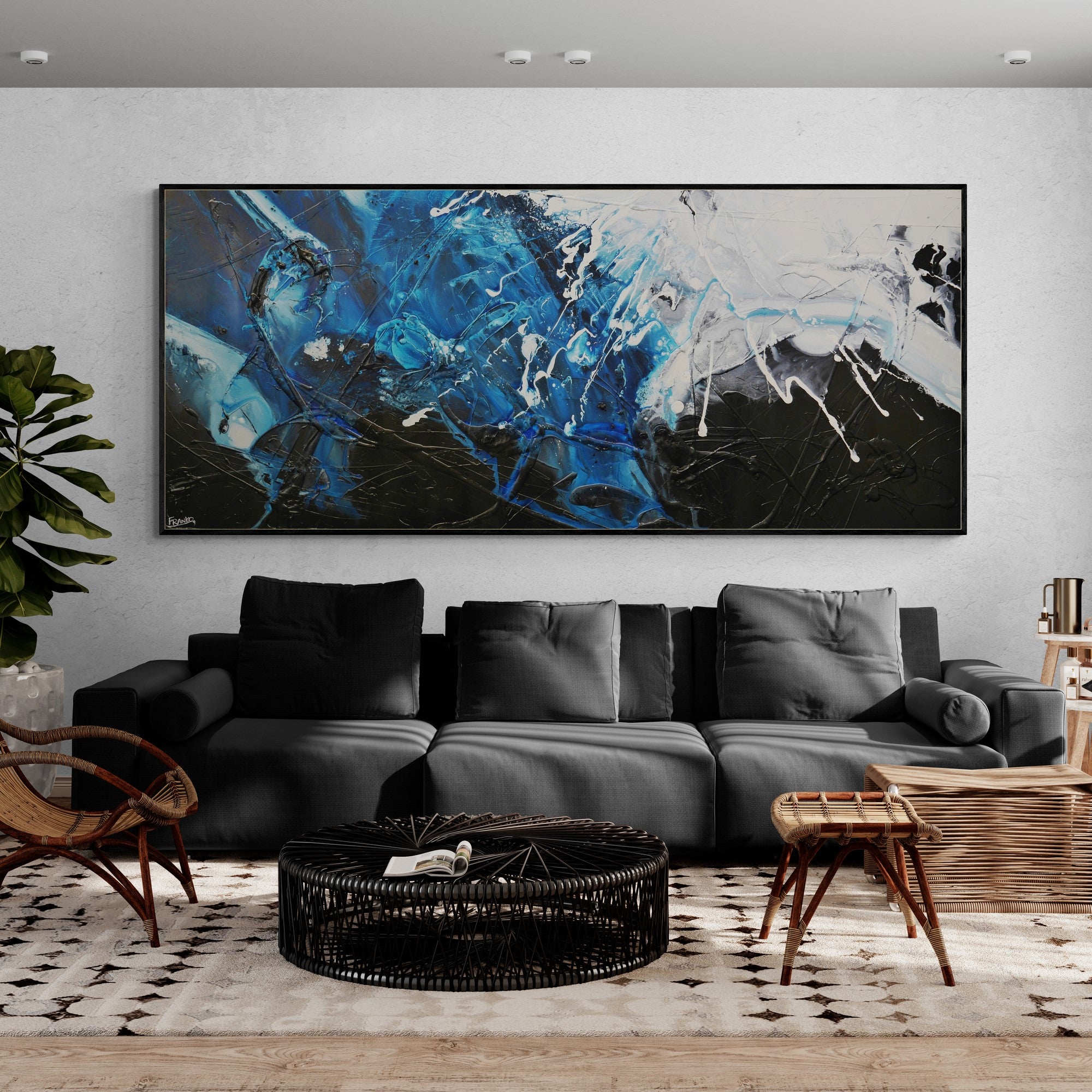 Black and Blue 270cm x 120cm Black Blue White Textured Abstract Painting (SOLD)-Abstract-[Franko_Artist]-[Australian_artist]-[Gold_Coast]-[Brisbane]-[modern]-[contemporary]-[original]-[Large_artwork]-[The_Block]-[Dream_Homes]-[ideas]-[Grand_Designs]-[Art_Lover]-Franklin Art Studio